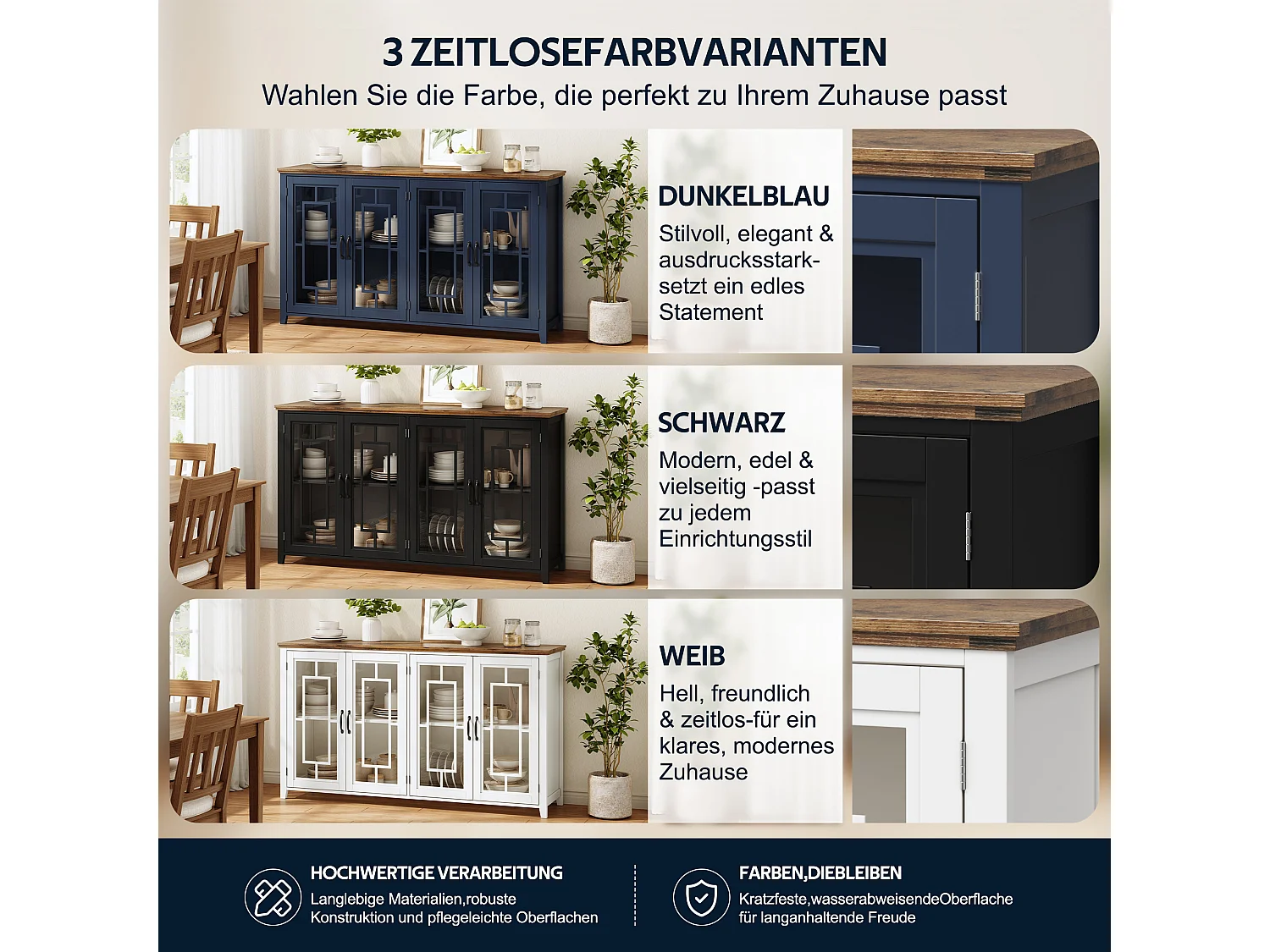 Küchenschrank mit 4 Glastüren und Kippsicherung – MDF – 160 × 40 × 86 cm – Blau und Braun