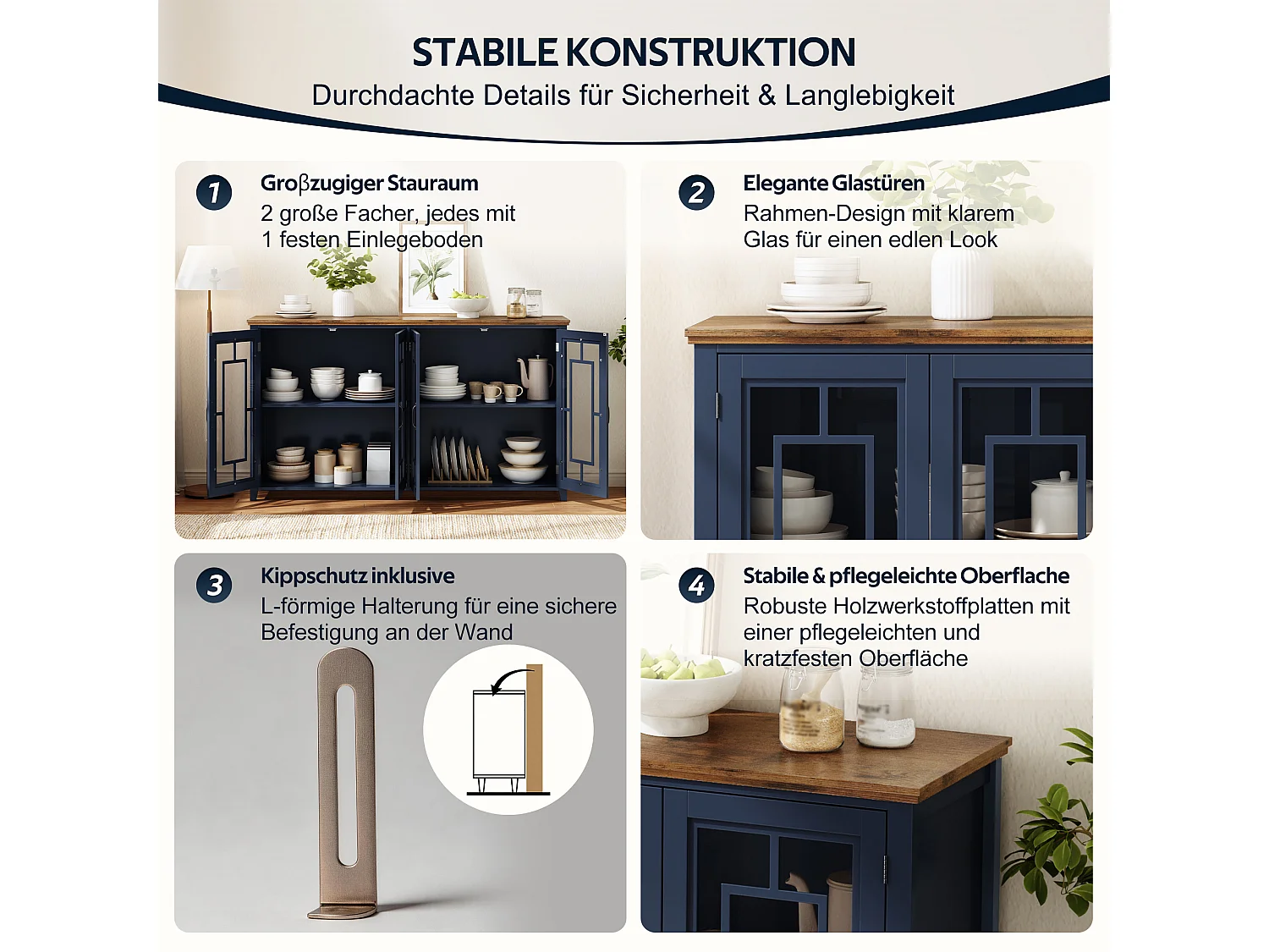 Küchenschrank mit 4 Glastüren und Kippsicherung – MDF – 160 × 40 × 86 cm – Blau und Braun