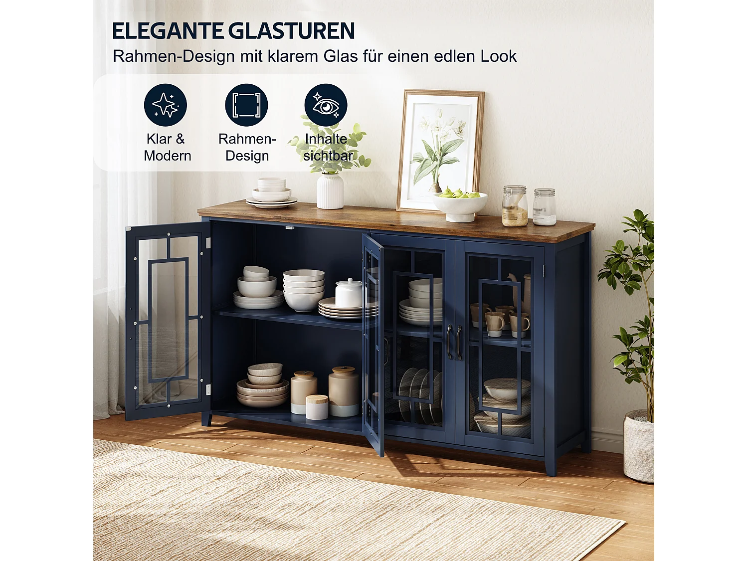 Küchenschrank mit 4 Glastüren und Kippsicherung – MDF – 160 × 40 × 86 cm – Blau und Braun