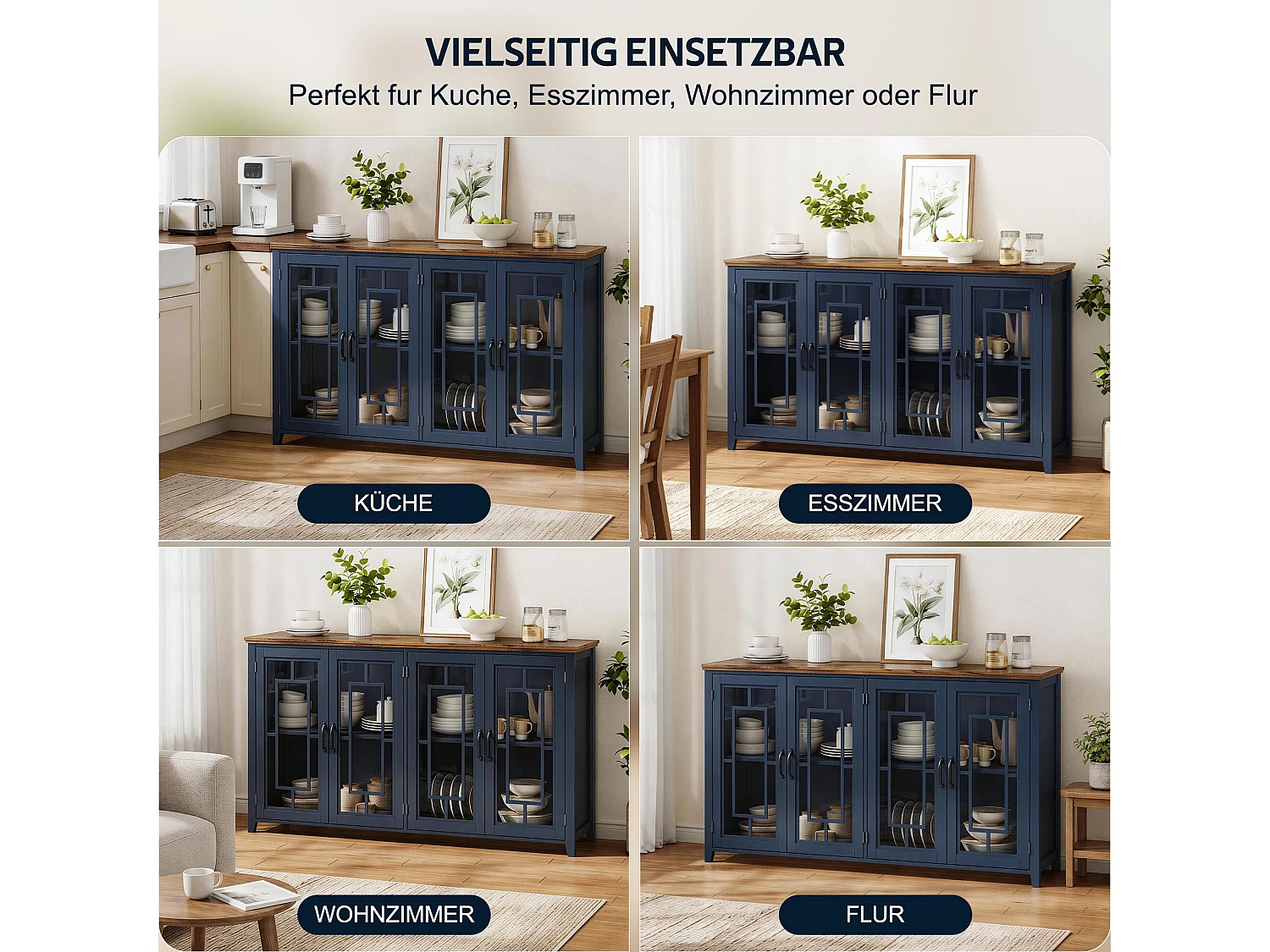 Küchenschrank mit 4 Glastüren und Kippsicherung – MDF – 160 × 40 × 86 cm – Blau und Braun