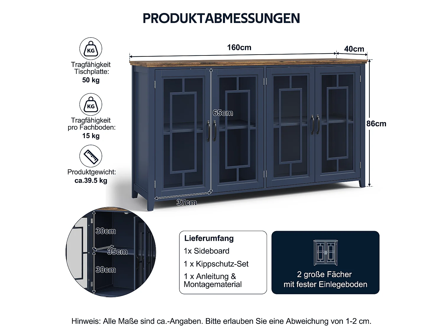 Küchenschrank mit 4 Glastüren und Kippsicherung – MDF – 160 × 40 × 86 cm – Blau und Braun