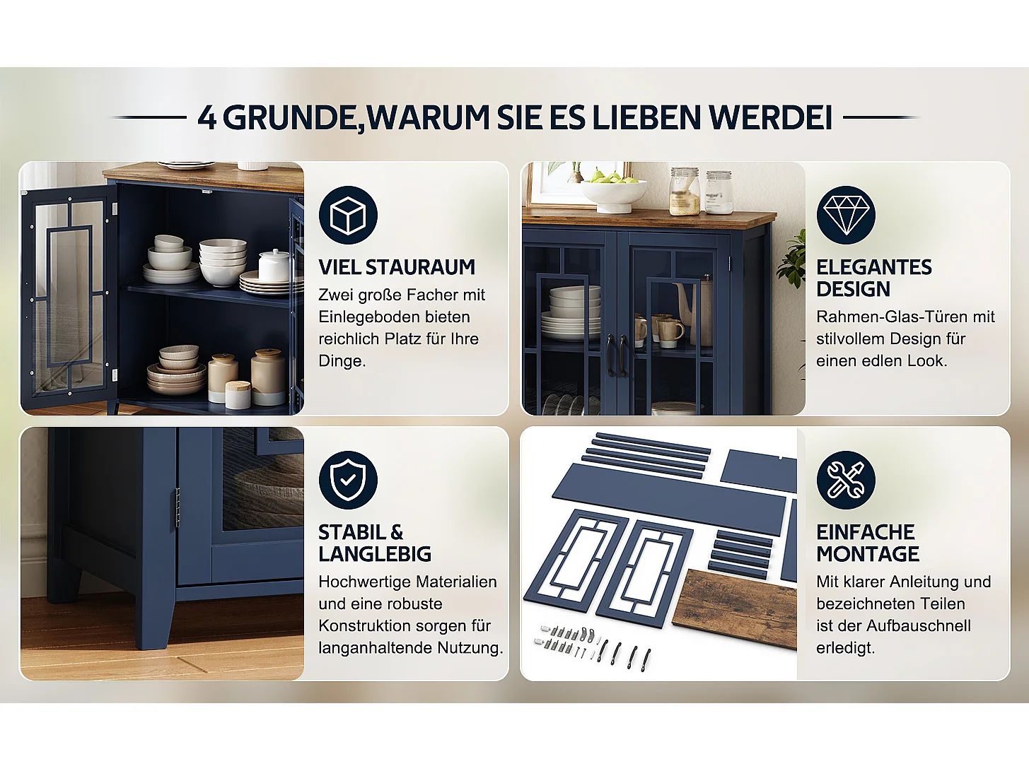 Küchenschrank mit 4 Glastüren und Kippsicherung – MDF – 160 × 40 × 86 cm – Blau und Braun