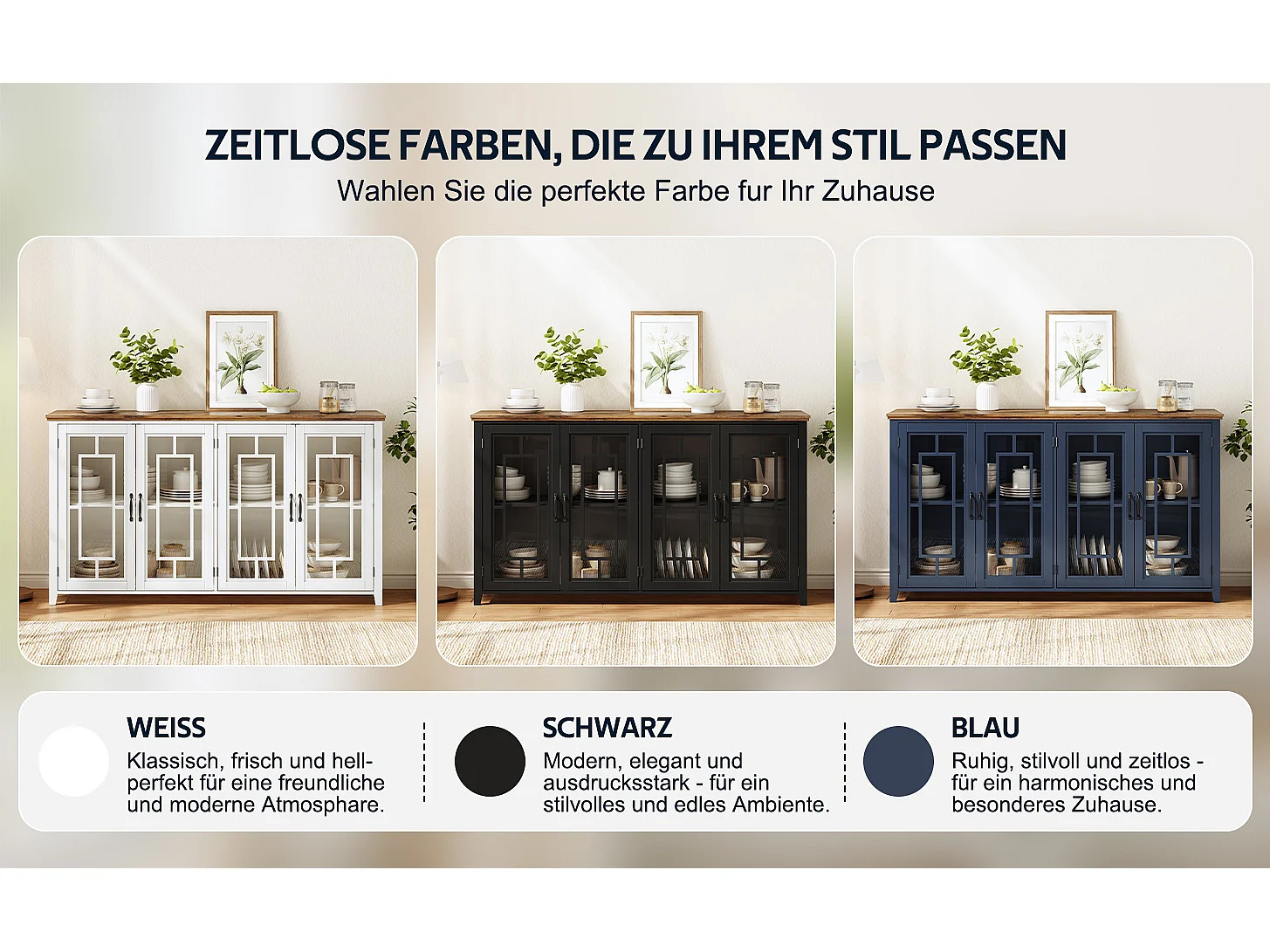 Küchenschrank mit 4 Glastüren und Kippsicherung – MDF – 160 × 40 × 86 cm – Blau und Braun