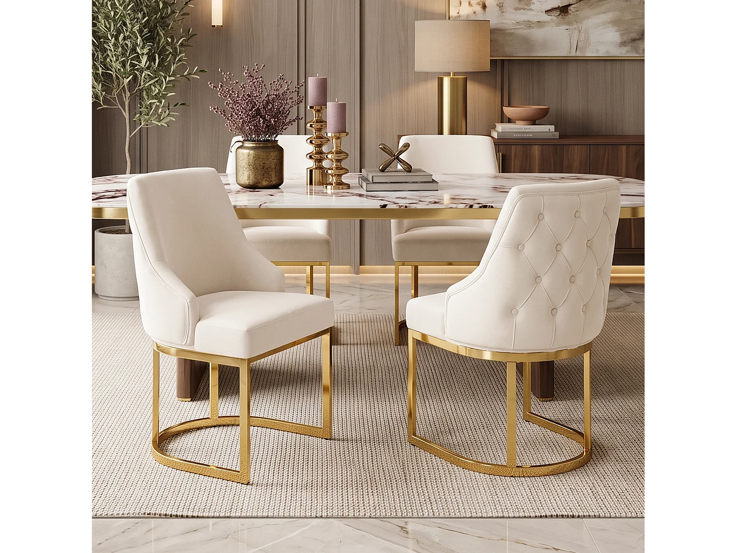 6er-Set armlose Esszimmerstühle mit gesteppter Rückenlehne – Samt und Metall – 59 x 55 x 89 cm – Beige + Gold