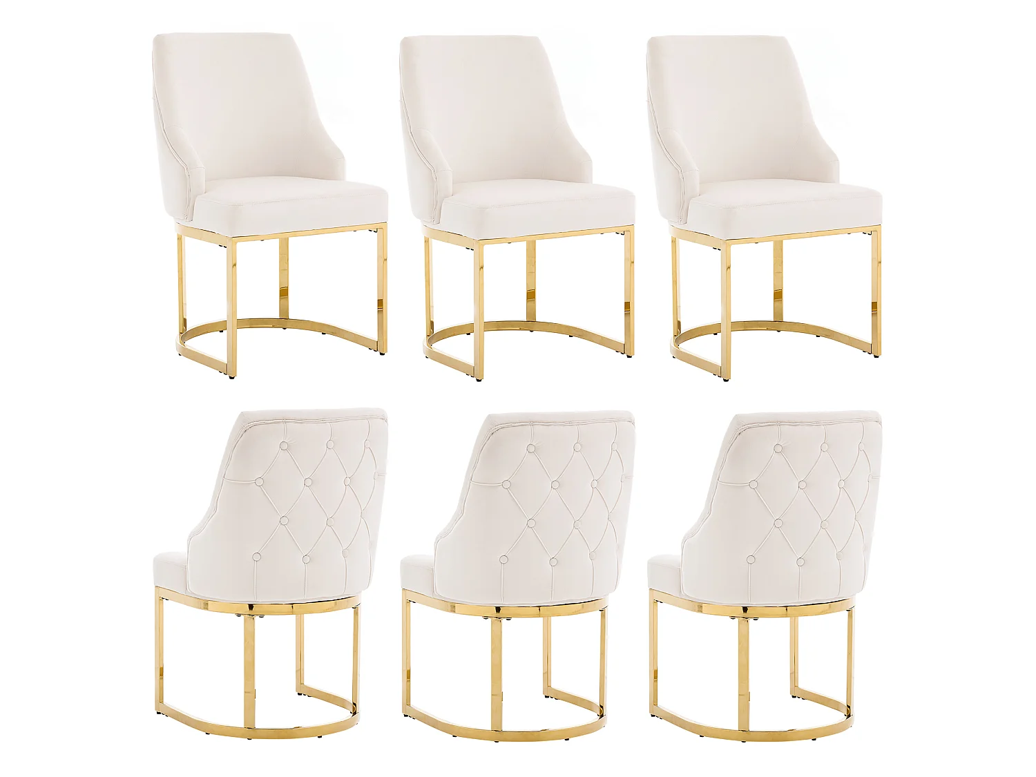 6er-Set armlose Esszimmerstühle mit gesteppter Rückenlehne – Samt und Metall – 59 x 55 x 89 cm – Beige + Gold