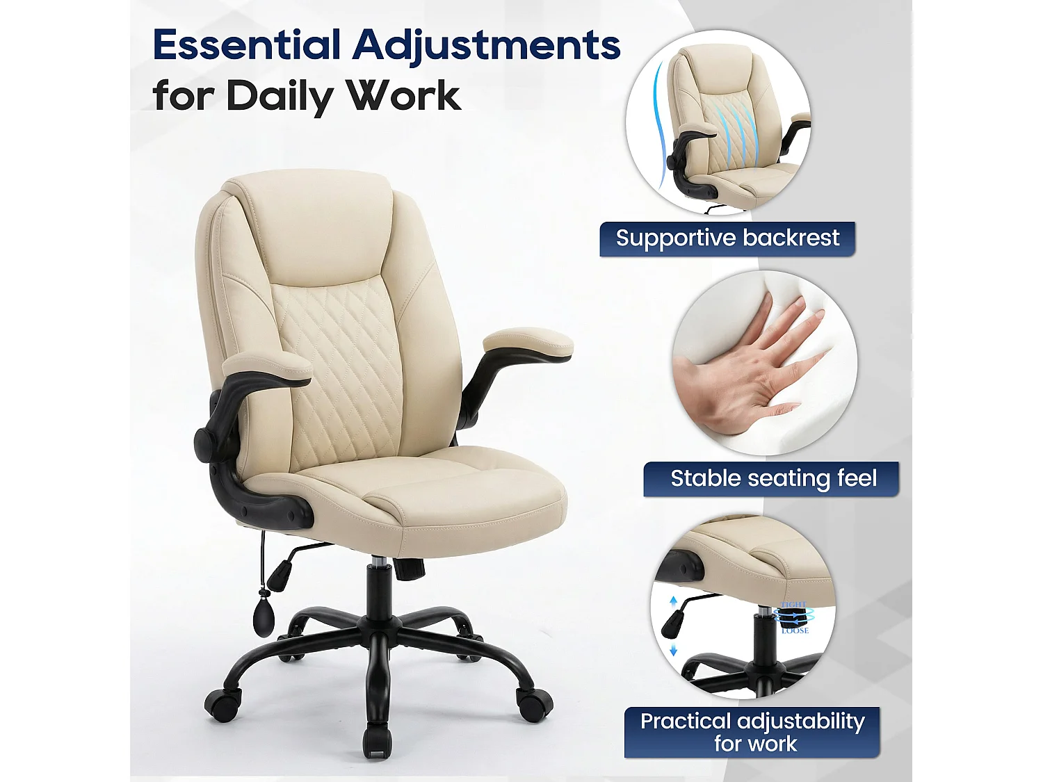 Fauteuil de bureau en similicuir beige avec soutien lombaire réglable, rembourrage épais, accoudoirs rabattables et dossier ergonomique