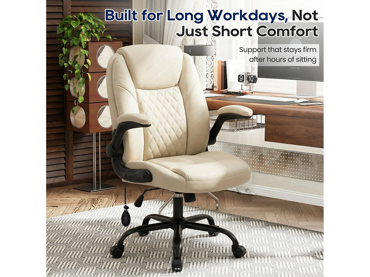 Fauteuil de bureau en similicuir beige avec soutien lombaire réglable, rembourrage épais, accoudoirs rabattables et dossier ergonomique