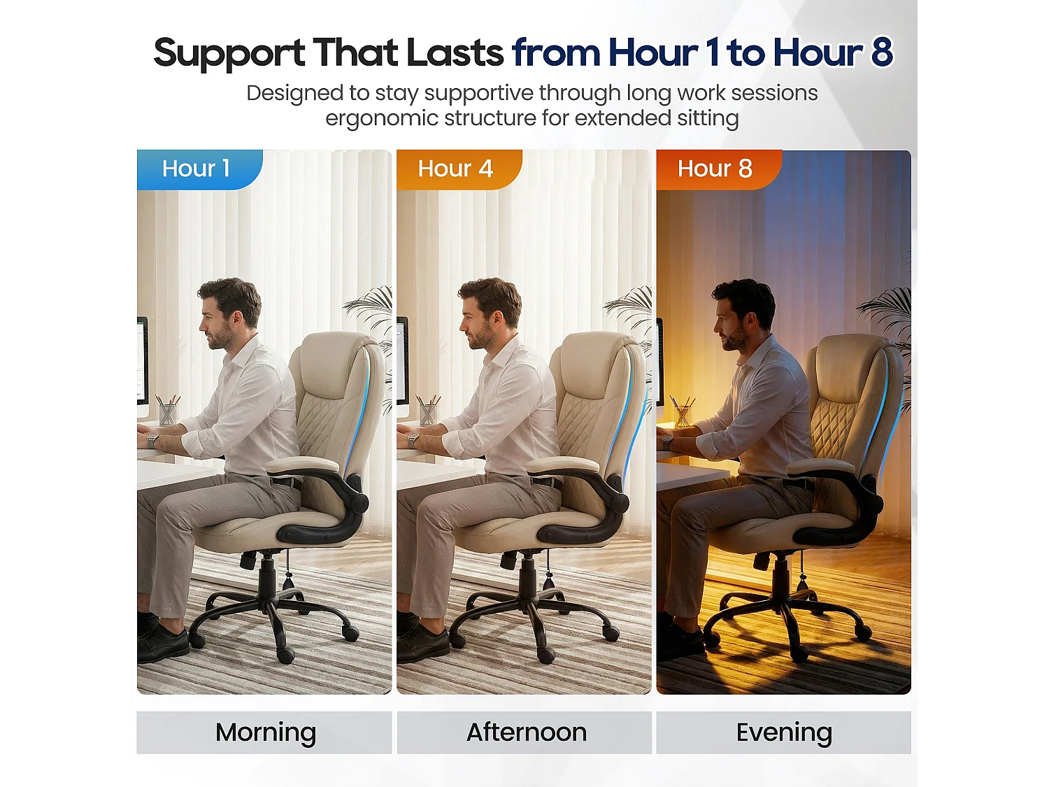 Fauteuil de bureau en similicuir beige avec soutien lombaire réglable, rembourrage épais, accoudoirs rabattables et dossier ergonomique