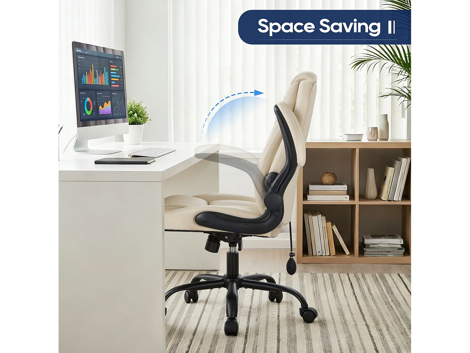 Fauteuil de bureau en similicuir beige avec soutien lombaire réglable, rembourrage épais, accoudoirs rabattables et dossier ergonomique