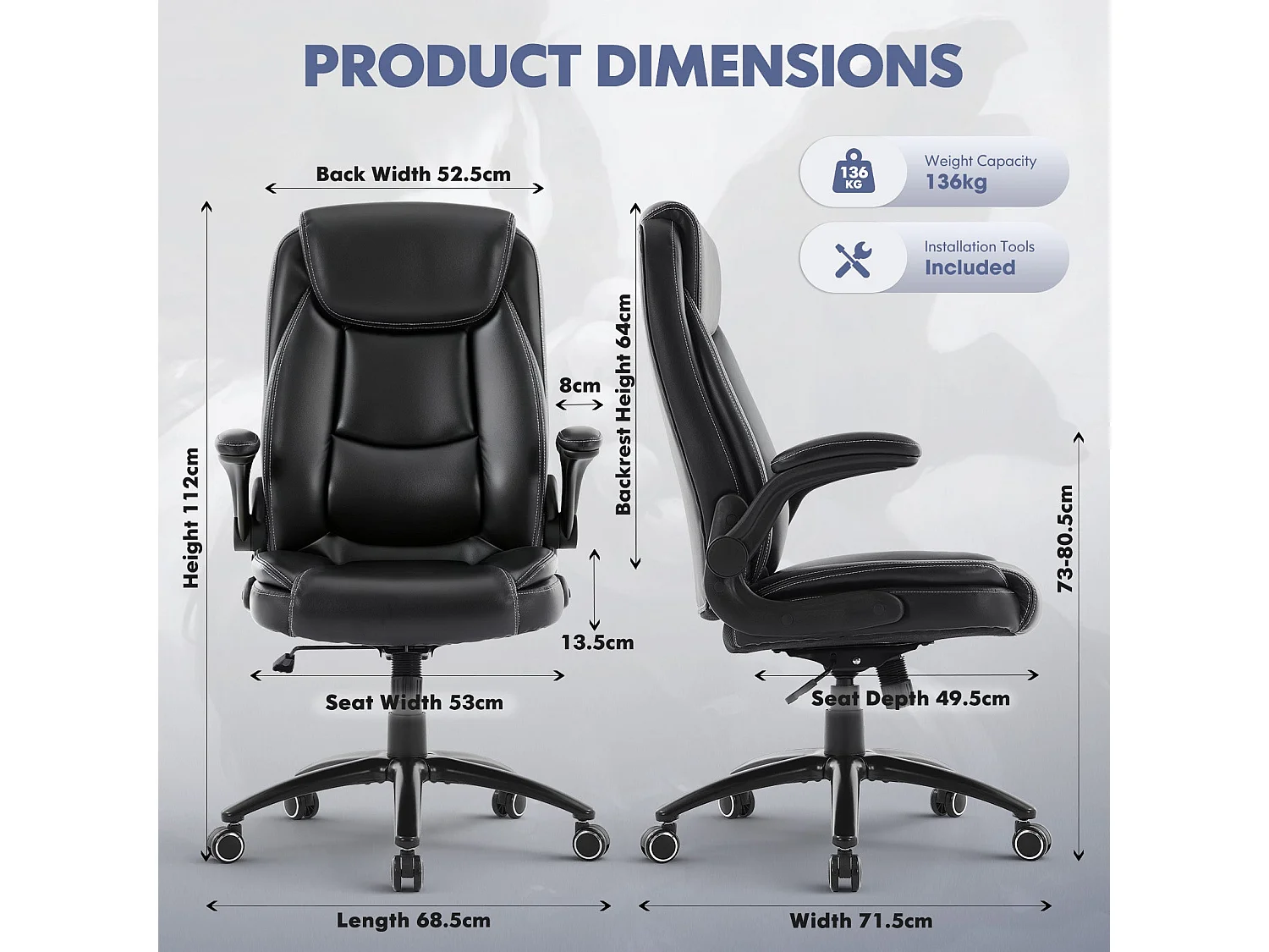 Fauteuil de bureau ergonomique noir avec appui-tête, similicuir PU, accoudoirs rabattables, coussin d’assise de 13,5 cm et fonction d’inclinaison réglable