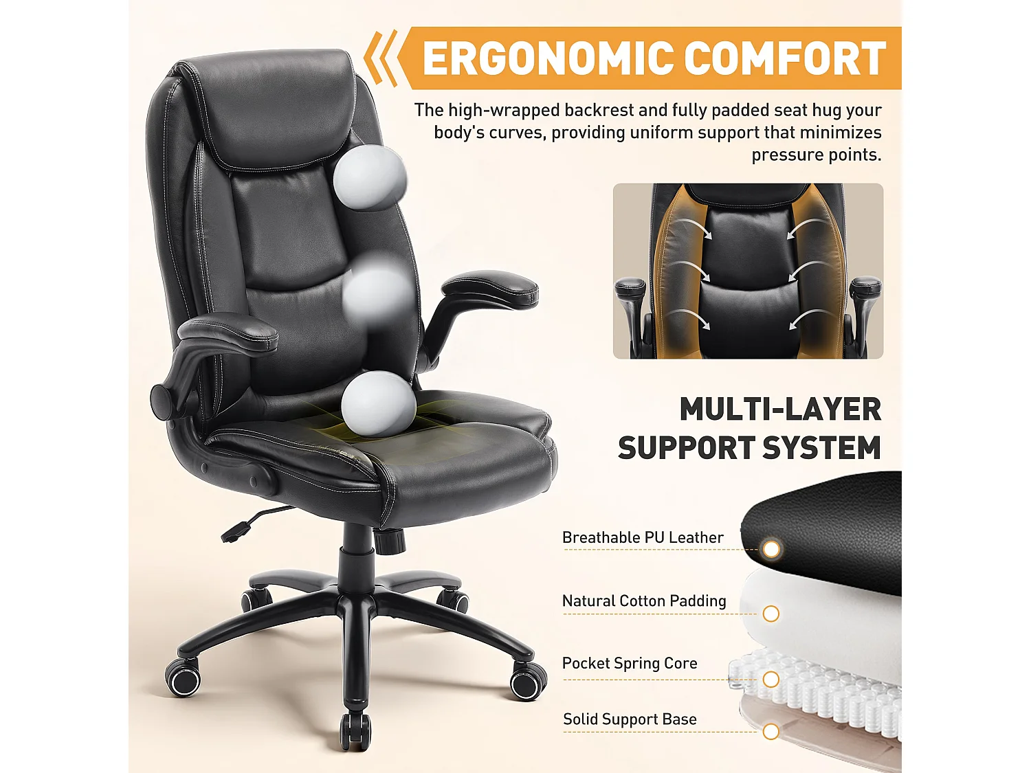 Fauteuil de bureau ergonomique noir avec appui-tête, similicuir PU, accoudoirs rabattables, coussin d’assise de 13,5 cm et fonction d’inclinaison réglable