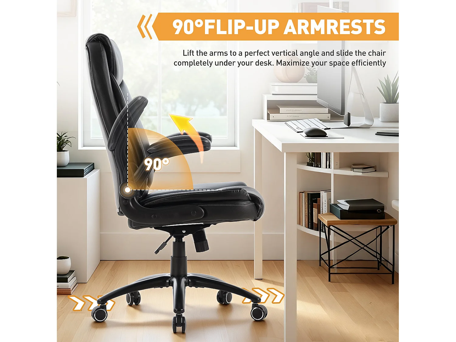 Fauteuil de bureau ergonomique noir avec appui-tête, similicuir PU, accoudoirs rabattables, coussin d’assise de 13,5 cm et fonction d’inclinaison réglable
