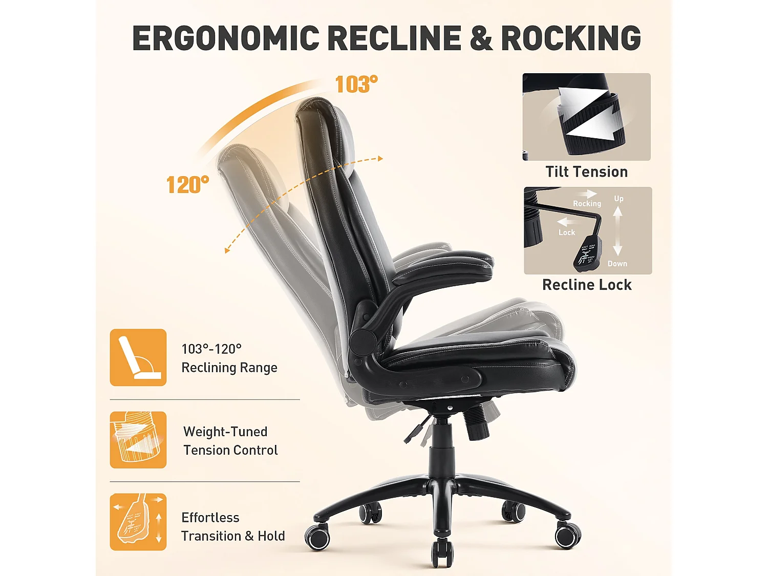 Fauteuil de bureau ergonomique noir avec appui-tête, similicuir PU, accoudoirs rabattables, coussin d’assise de 13,5 cm et fonction d’inclinaison réglable
