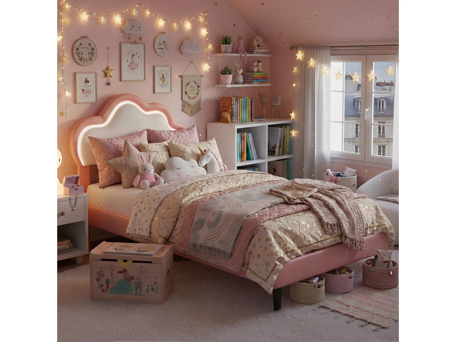 DreamMespace Lit Rembourré 90x200 cm - Lit Enfant Nuage LED RGB & Tête de Lit Réglable, Simili Cuir Rose