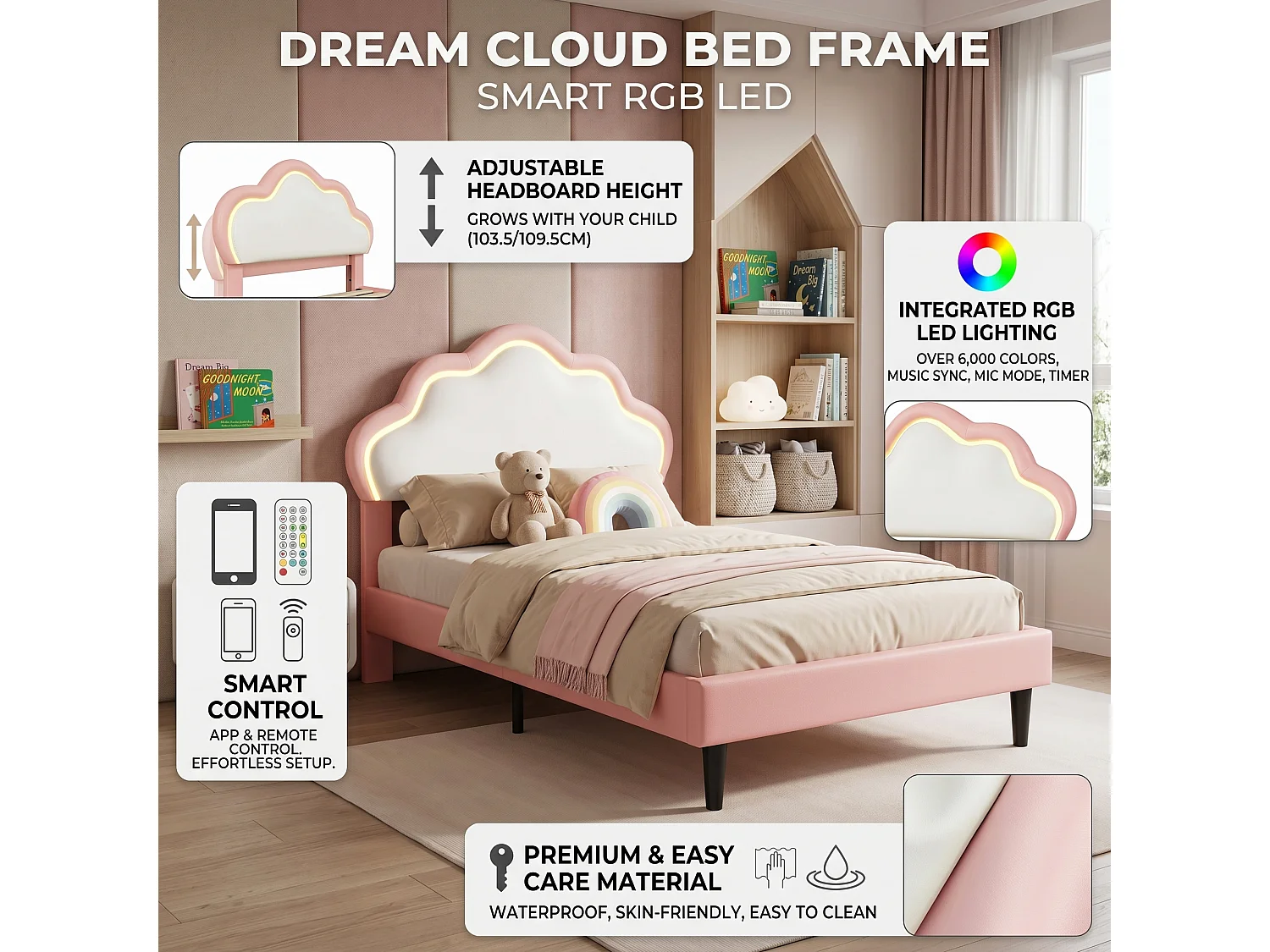DreamMespace Lit Rembourré 90x200 cm - Lit Enfant Nuage LED RGB & Tête de Lit Réglable, Simili Cuir Rose