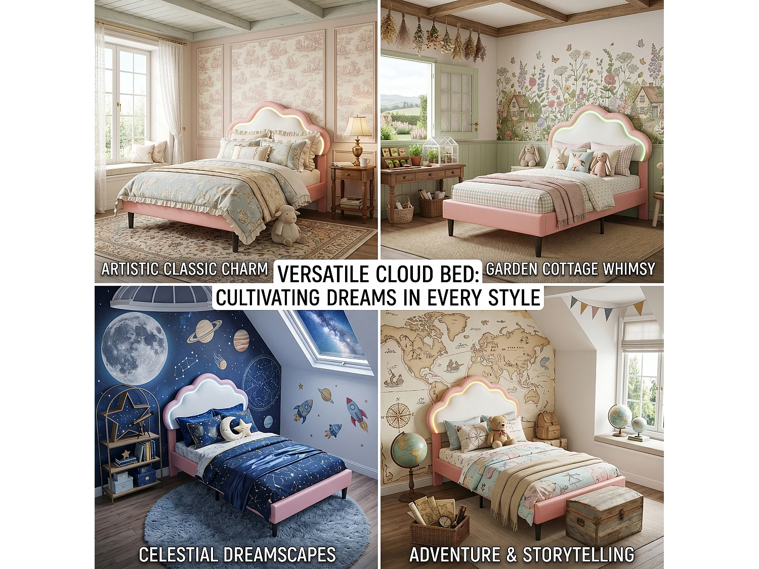 DreamMespace Lit Rembourré 90x200 cm - Lit Enfant Nuage LED RGB & Tête de Lit Réglable, Simili Cuir Rose
