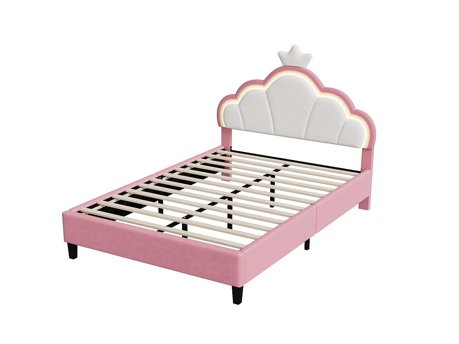 DreamMespace Lit Double Couronne 140x200 cm - Cadre de Lit Rembourré LED RGB avec Sommier, Velours Rose