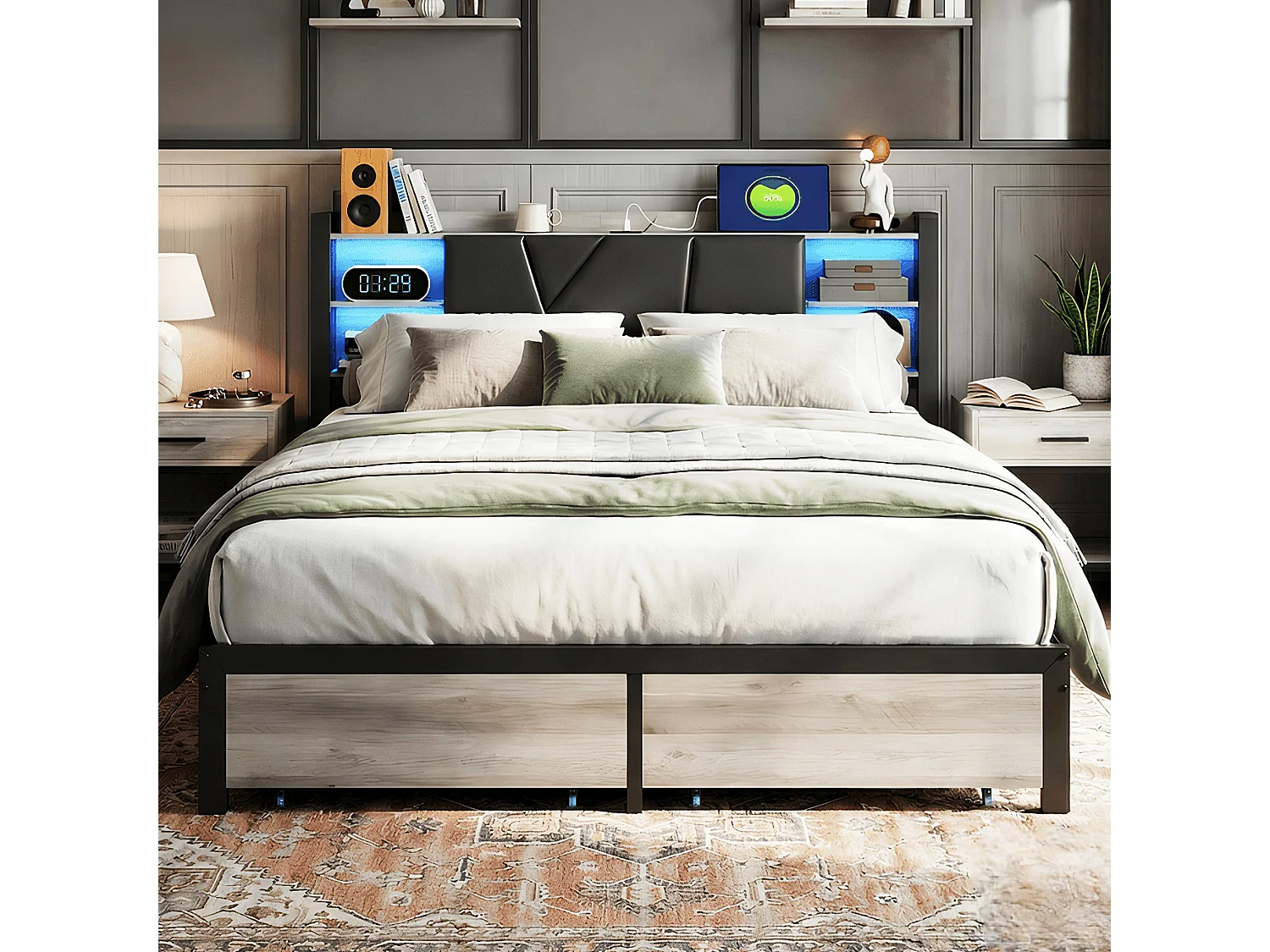 DreamMespace Lit Double 140x200 cm avec 2 Tiroirs - Lit Métal Industriel avec Tête de Lit LED & Prise USB-C, Noir et Chêne