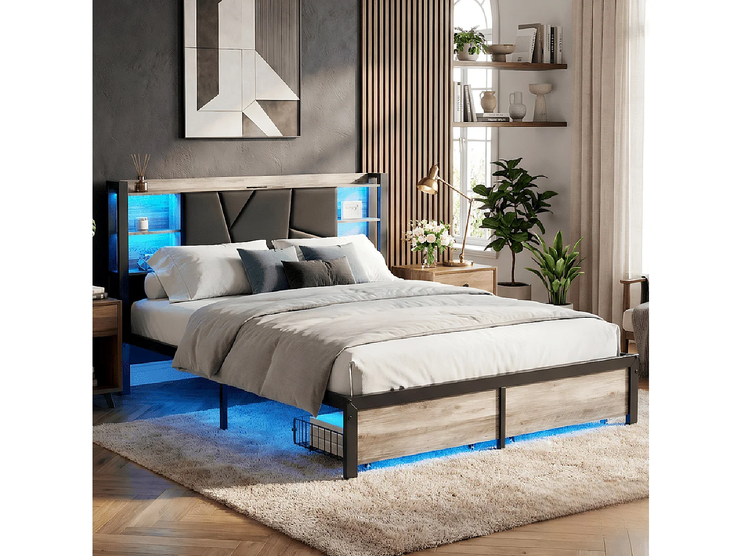 DreamMespace Lit Double 140x200 cm avec 2 Tiroirs - Lit Métal Industriel avec Tête de Lit LED & Prise USB-C, Noir et Chêne