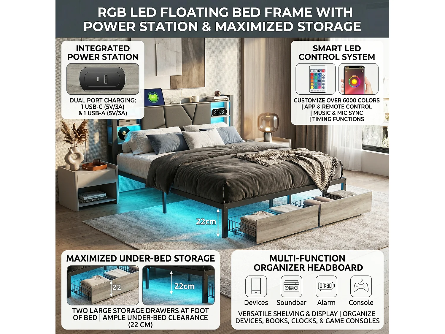 DreamMespace Lit Double 140x200 cm avec 2 Tiroirs - Lit Métal Industriel avec Tête de Lit LED & Prise USB-C, Noir et Chêne