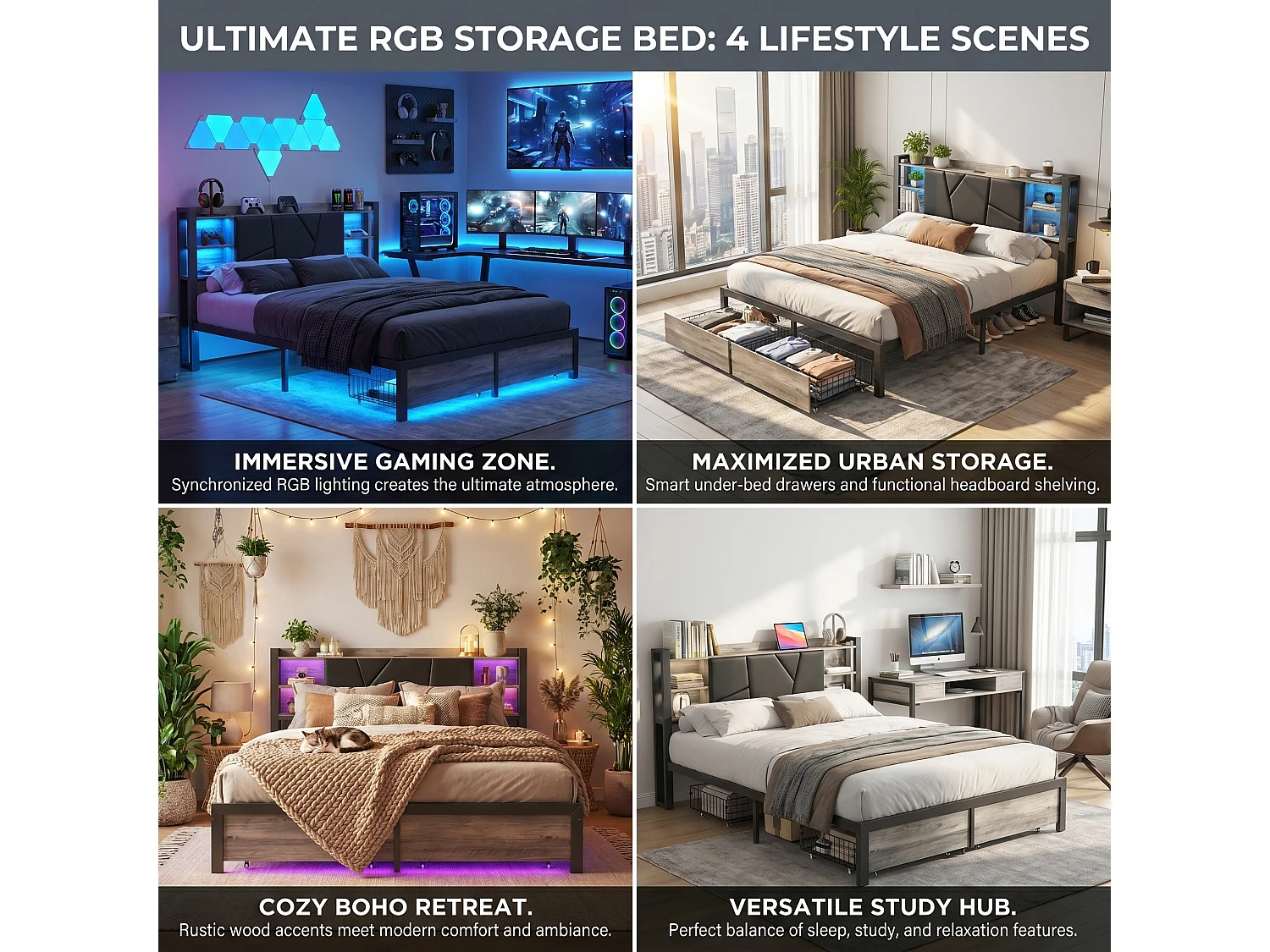 DreamMespace Lit Double 140x200 cm avec 2 Tiroirs - Lit Métal Industriel avec Tête de Lit LED & Prise USB-C, Noir et Chêne