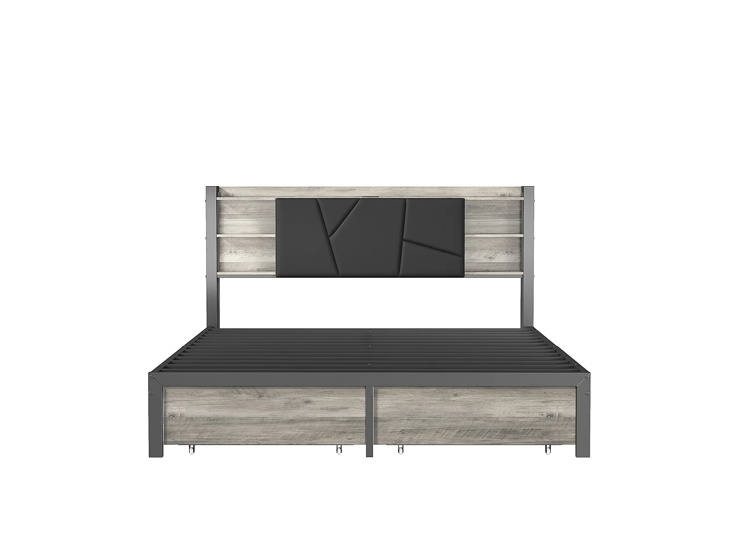 DreamMespace Lit Double 140x200 cm avec 2 Tiroirs - Lit Métal Industriel avec Tête de Lit LED & Prise USB-C, Noir et Chêne