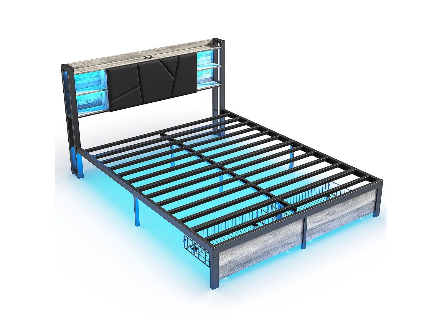 DreamMespace Lit Double 140x200 cm avec 2 Tiroirs - Lit Métal Industriel avec Tête de Lit LED & Prise USB-C, Noir et Chêne