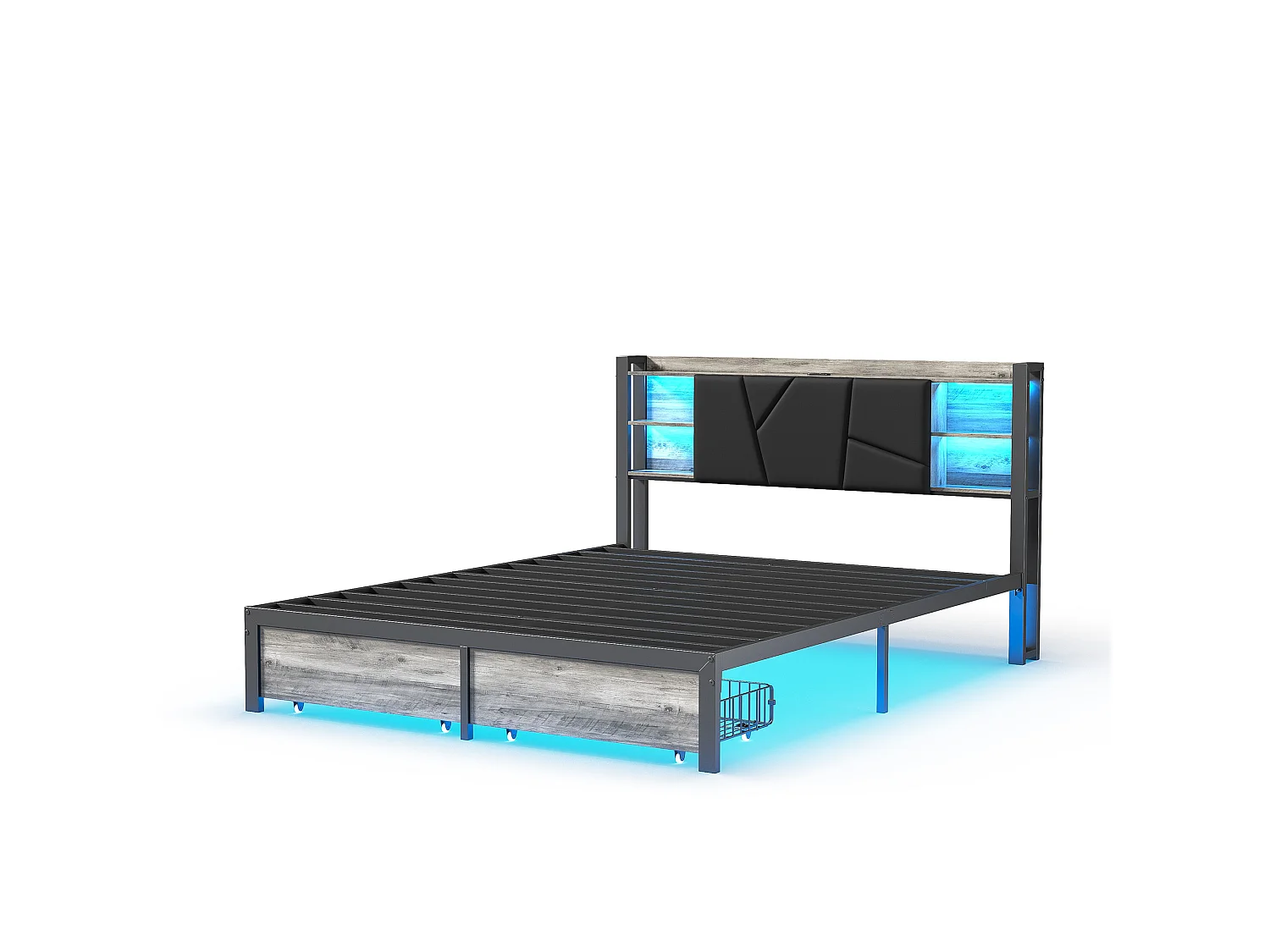 DreamMespace Lit Double 140x200 cm avec 2 Tiroirs - Lit Métal Industriel avec Tête de Lit LED & Prise USB-C, Noir et Chêne
