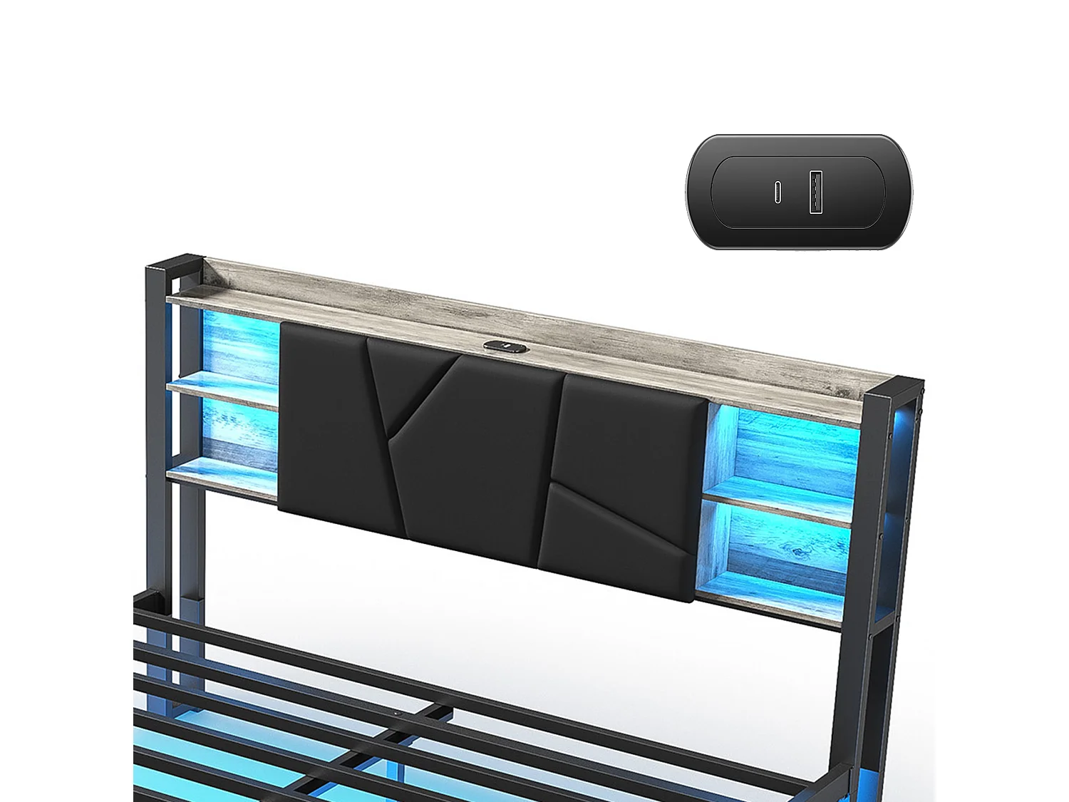 DreamMespace Lit Double 140x200 cm avec 2 Tiroirs - Lit Métal Industriel avec Tête de Lit LED & Prise USB-C, Noir et Chêne