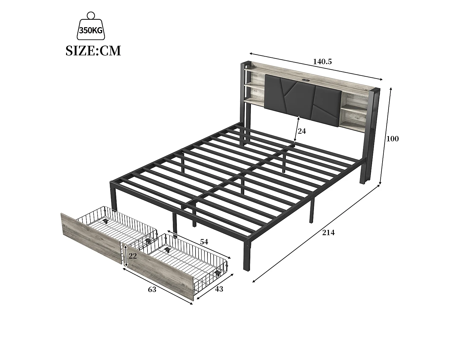 DreamMespace Lit Double 140x200 cm avec 2 Tiroirs - Lit Métal Industriel avec Tête de Lit LED & Prise USB-C, Noir et Chêne