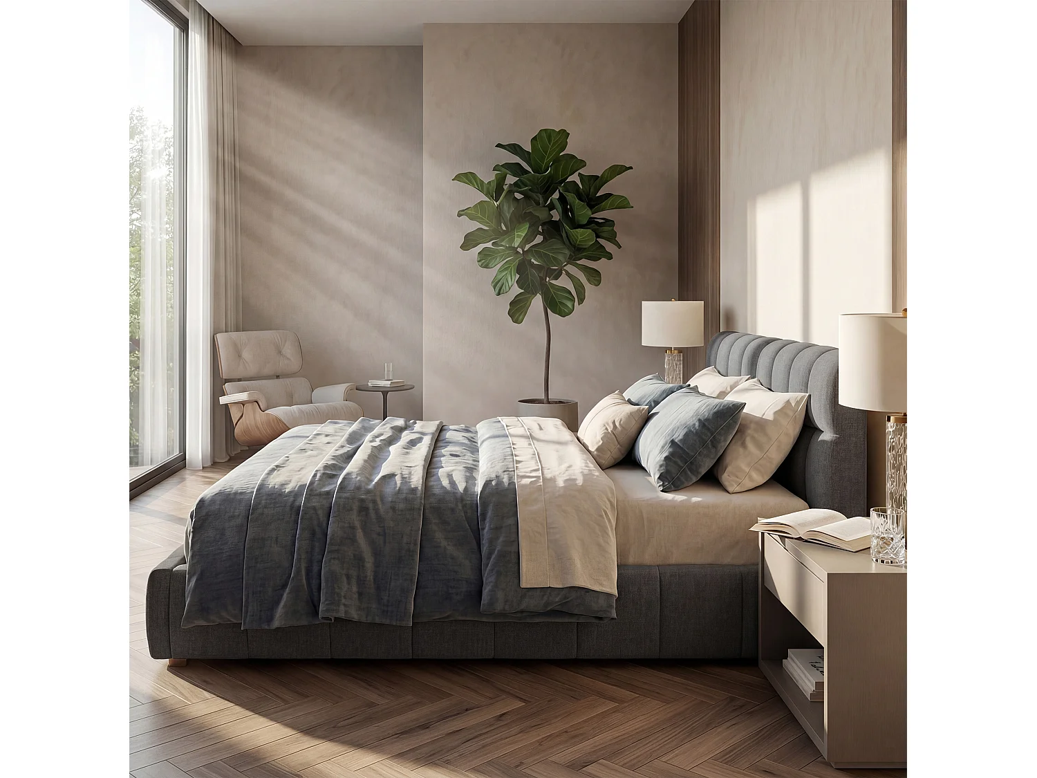 DreamMespace Lit Double 140x190 cm - Cadre de Lit Rembourré Bords Larges avec Matelas Encastré, Tissu Lin Gris
