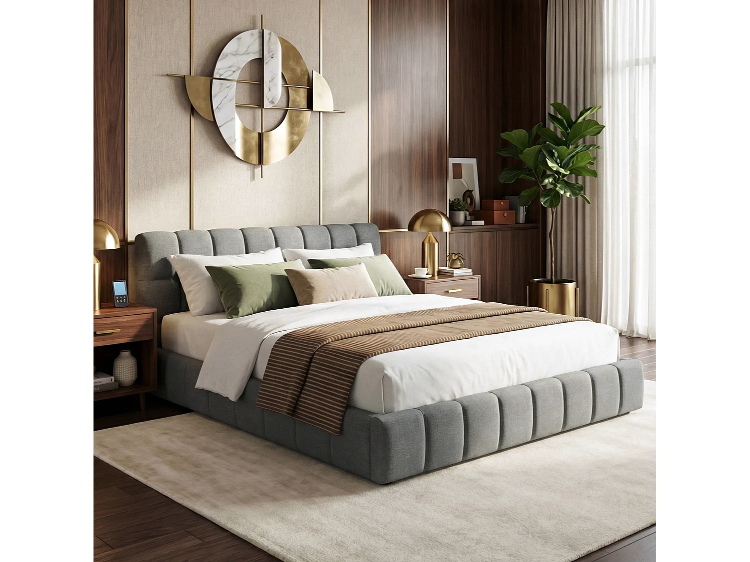 DreamMespace Lit Double 140x190 cm - Cadre de Lit Rembourré Bords Larges avec Matelas Encastré, Tissu Lin Gris