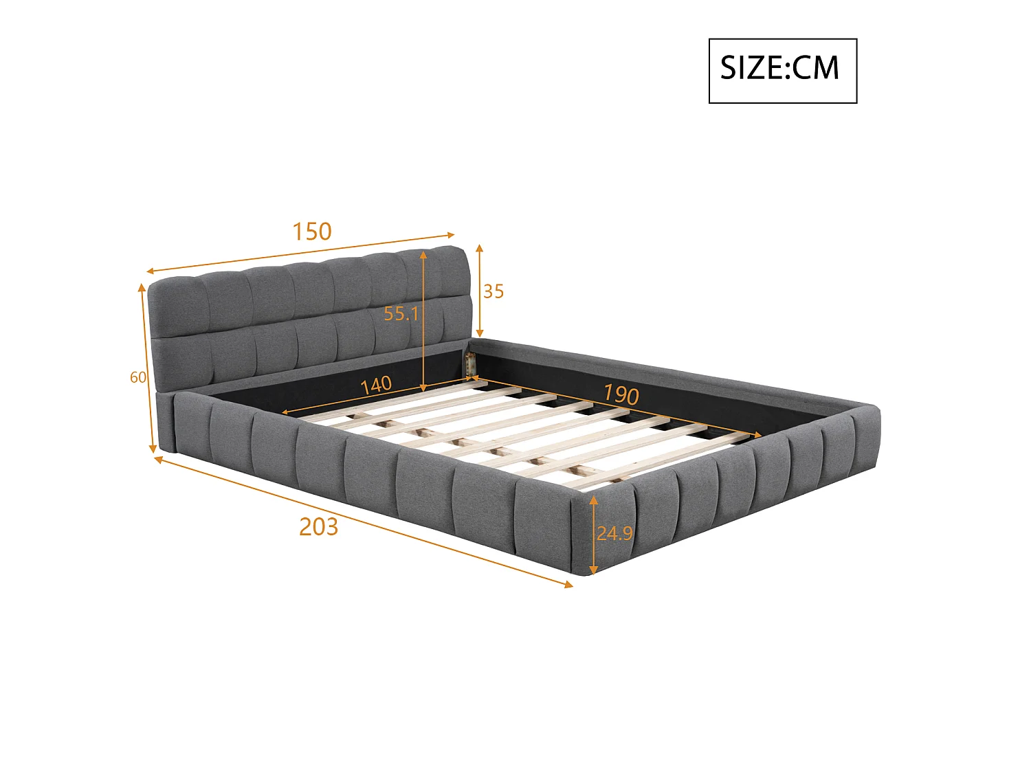 DreamMespace Lit Double 140x190 cm - Cadre de Lit Rembourré Bords Larges avec Matelas Encastré, Tissu Lin Gris