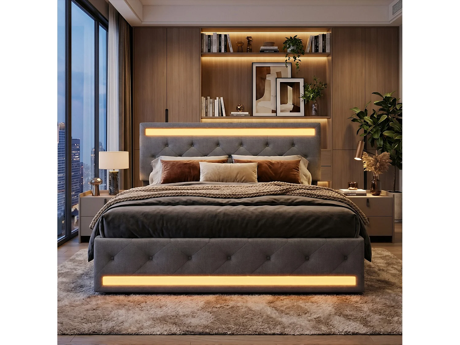 DreamMespace Lit Double 160x200 cm Queen Size avec 4 Tiroirs - Lit LED Double Zone & USB Type-C, Tissu Lin Gris Foncé