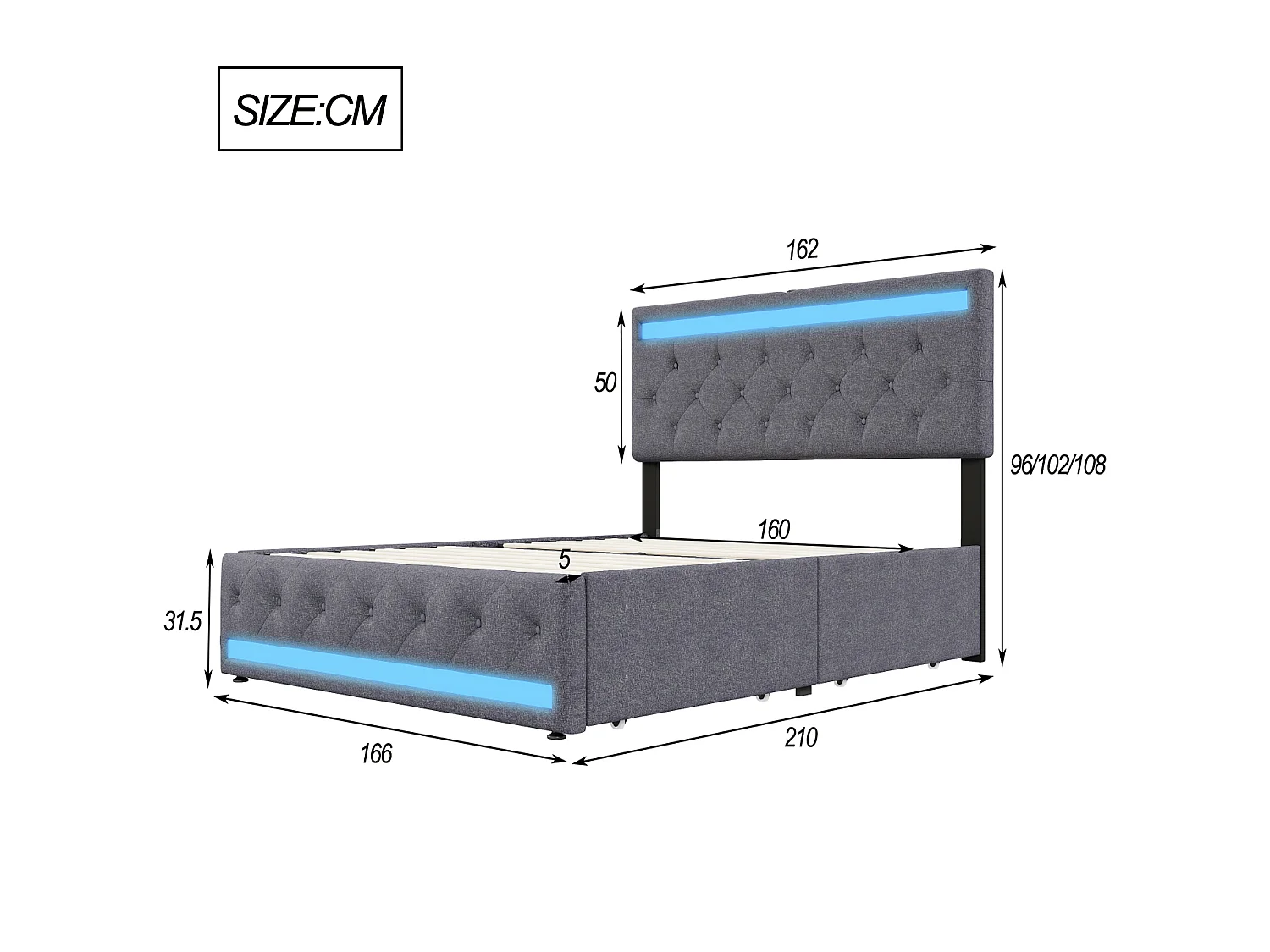DreamMespace Lit Double 160x200 cm Queen Size avec 4 Tiroirs - Lit LED Double Zone & USB Type-C, Tissu Lin Gris Foncé