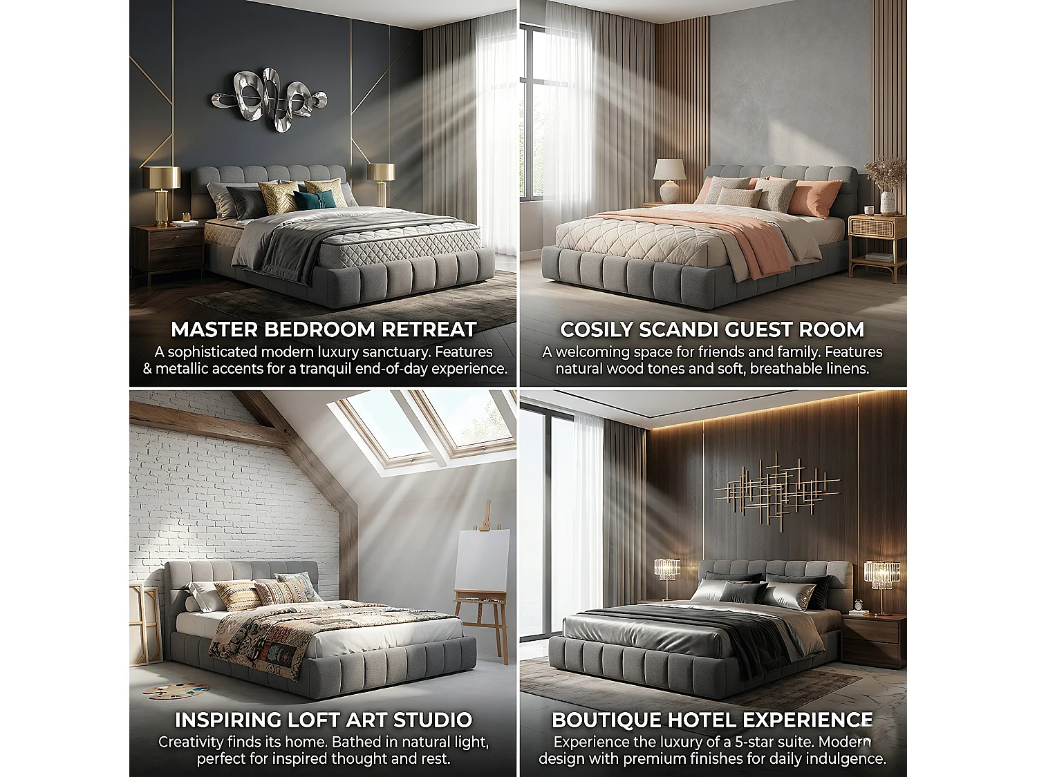 DreamMespace Lit Double 160x200 cm Queen Size - Cadre de Lit Rembourré Bords Larges & Encastré, Tissu Lin Gris