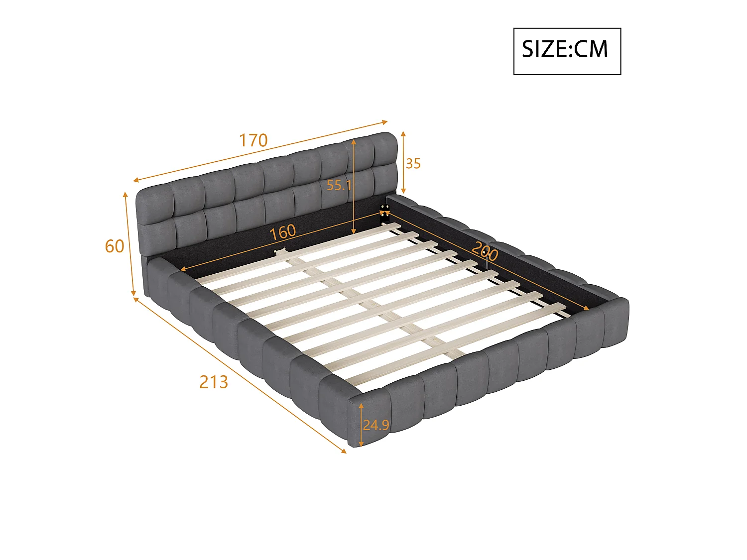 DreamMespace Lit Double 160x200 cm Queen Size - Cadre de Lit Rembourré Bords Larges & Encastré, Tissu Lin Gris