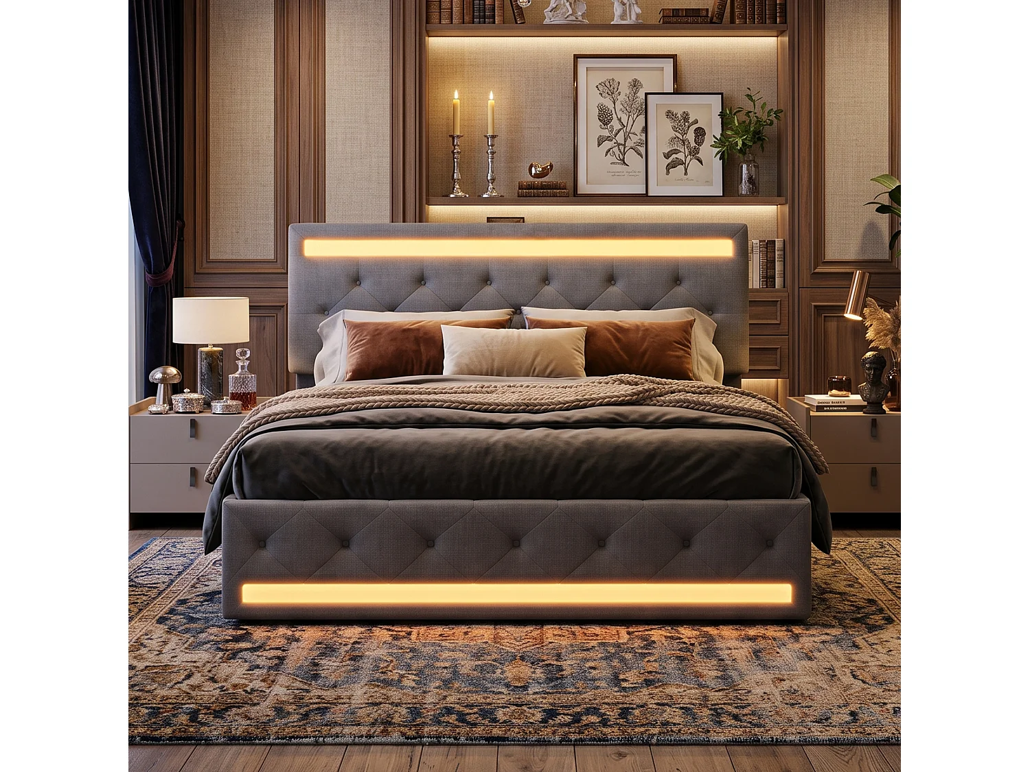 DreamMespace Lit Double 180x200 cm King Size avec 4 Tiroirs - Lit LED Double Zone & USB Type-C, Tissu Lin Gris Foncé