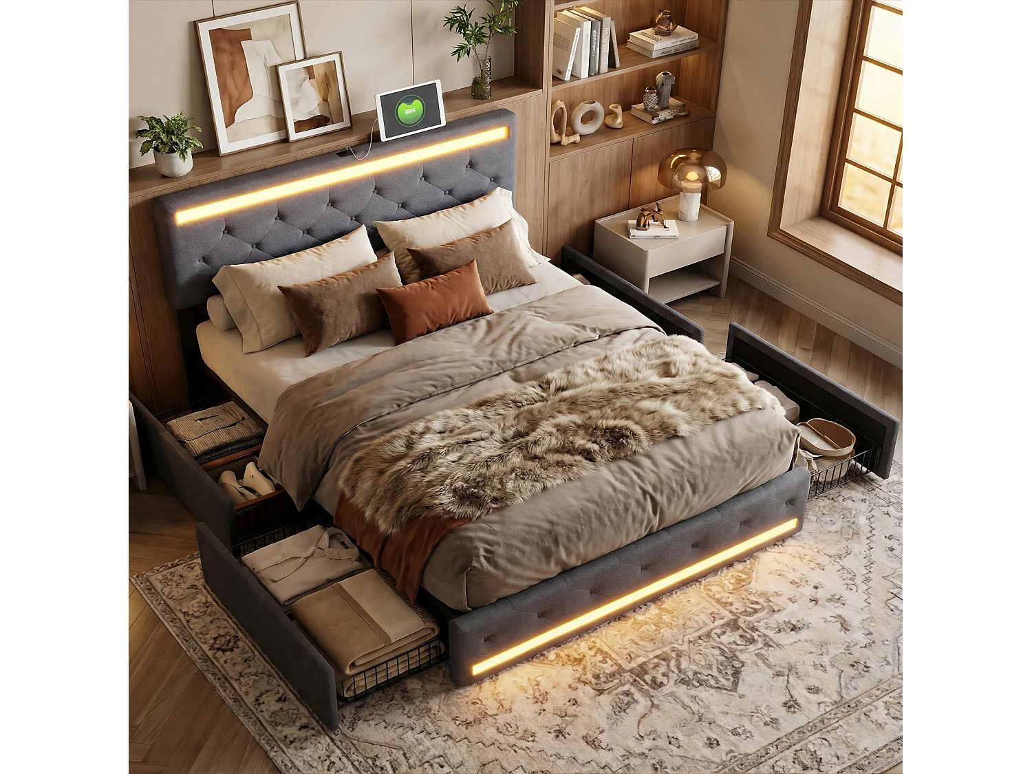 DreamMespace Lit Double 180x200 cm King Size avec 4 Tiroirs - Lit LED Double Zone & USB Type-C, Tissu Lin Gris Foncé