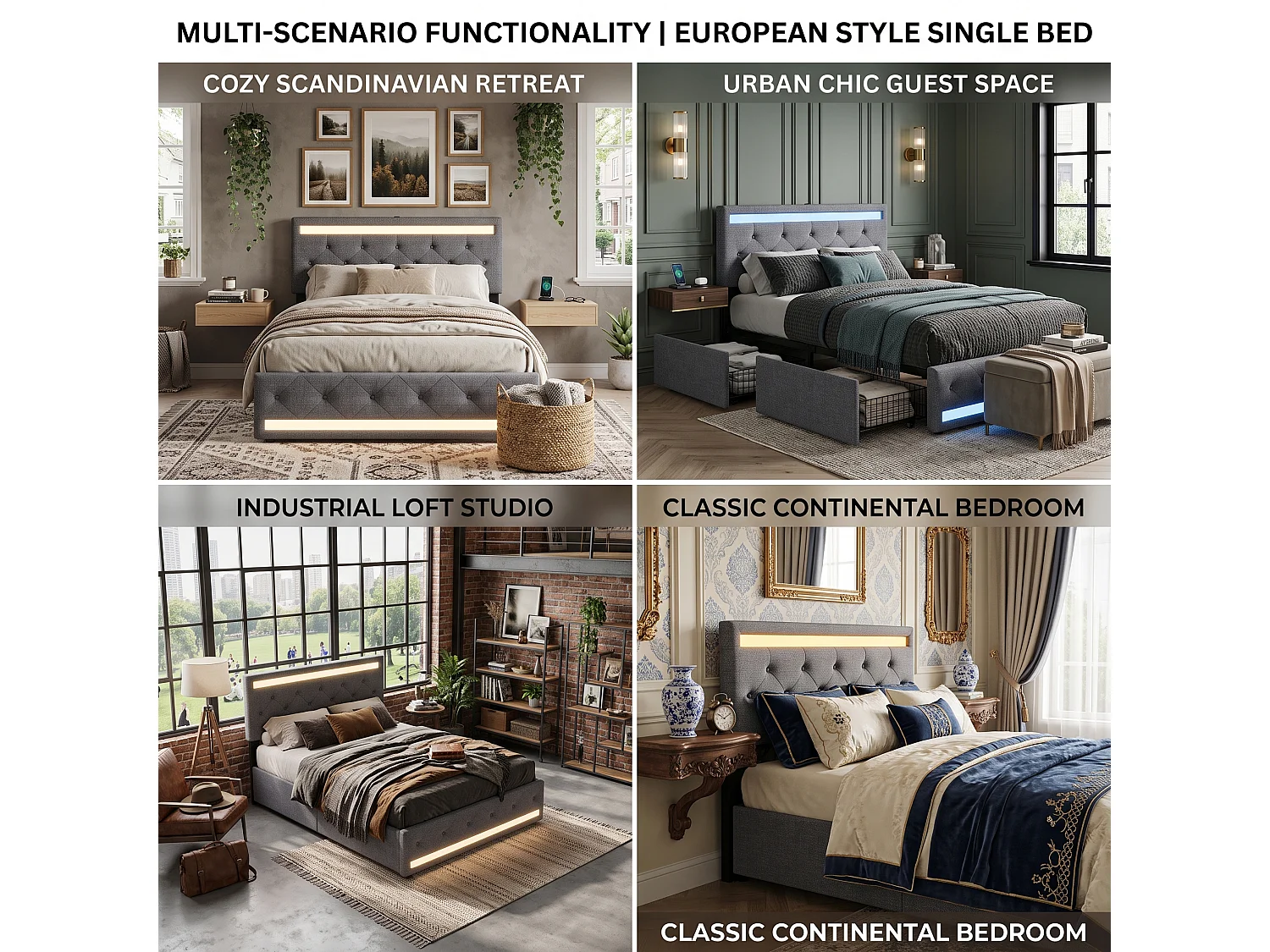 DreamMespace Lit Double 180x200 cm King Size avec 4 Tiroirs - Lit LED Double Zone & USB Type-C, Tissu Lin Gris Foncé
