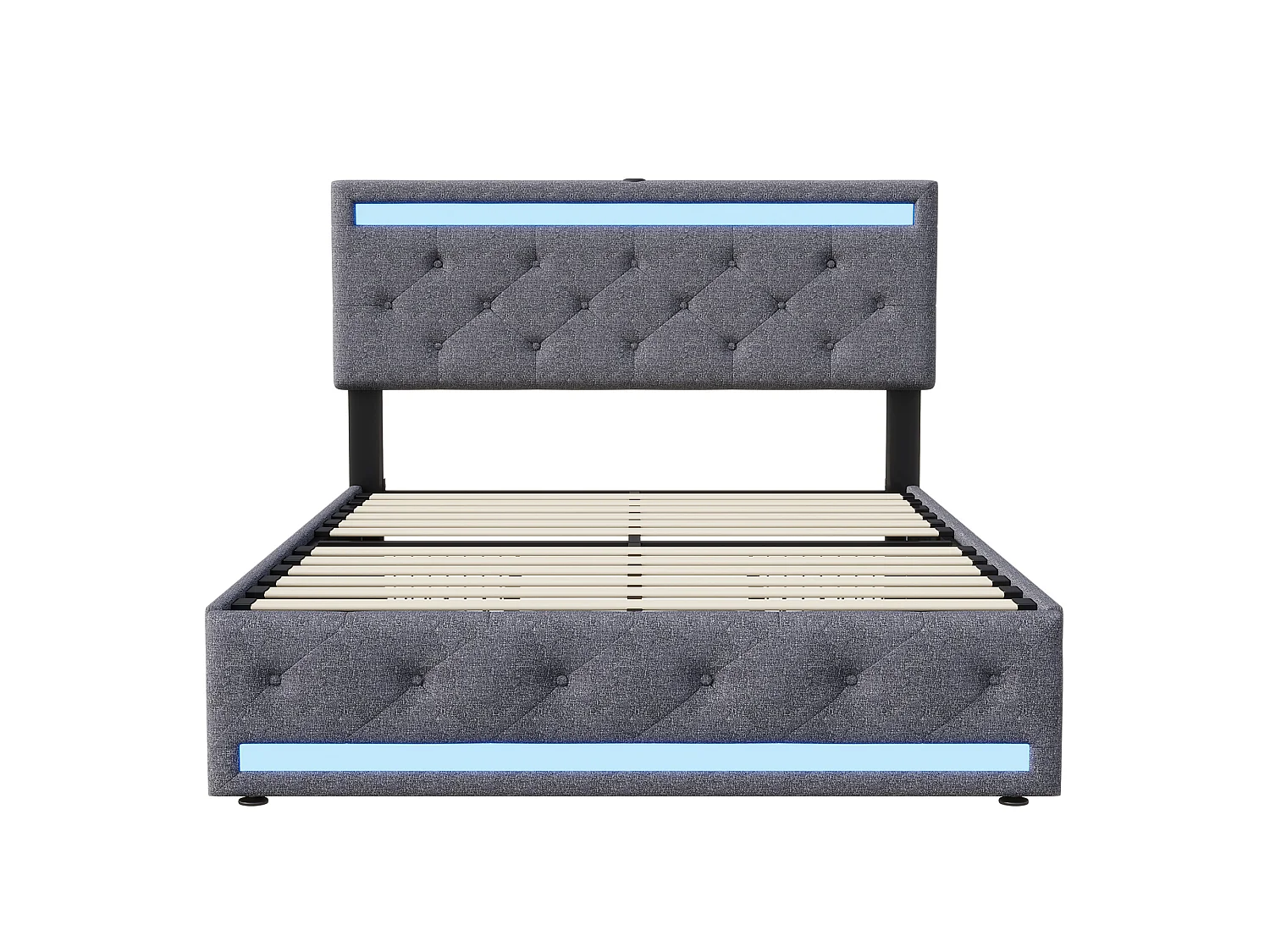 DreamMespace Lit Double 180x200 cm King Size avec 4 Tiroirs - Lit LED Double Zone & USB Type-C, Tissu Lin Gris Foncé