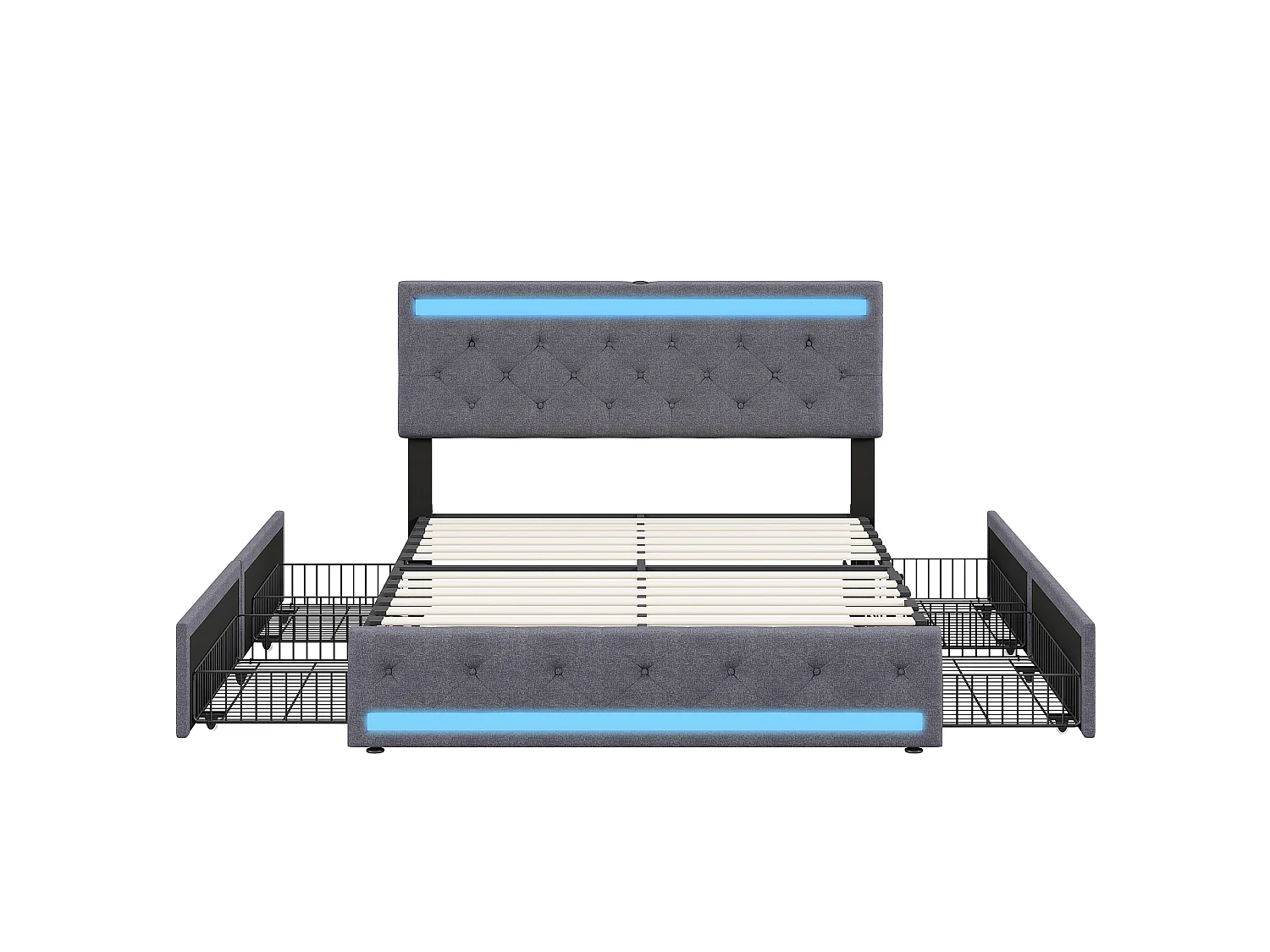 DreamMespace Lit Double 180x200 cm King Size avec 4 Tiroirs - Lit LED Double Zone & USB Type-C, Tissu Lin Gris Foncé