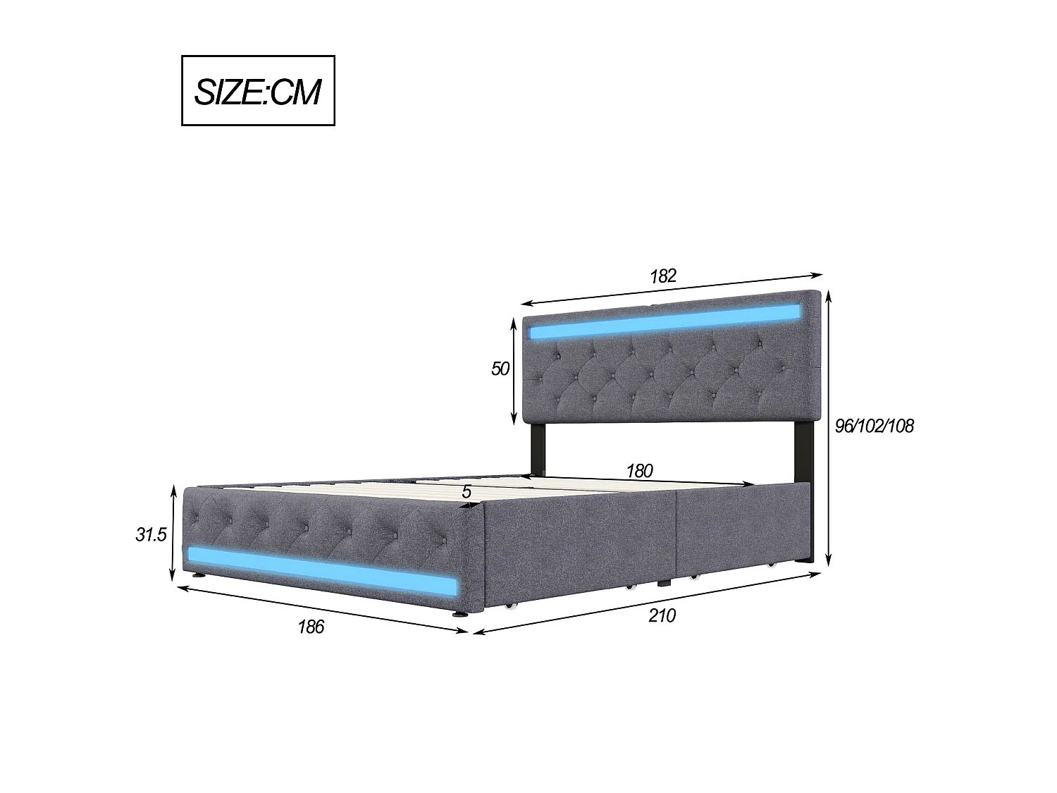 DreamMespace Lit Double 180x200 cm King Size avec 4 Tiroirs - Lit LED Double Zone & USB Type-C, Tissu Lin Gris Foncé