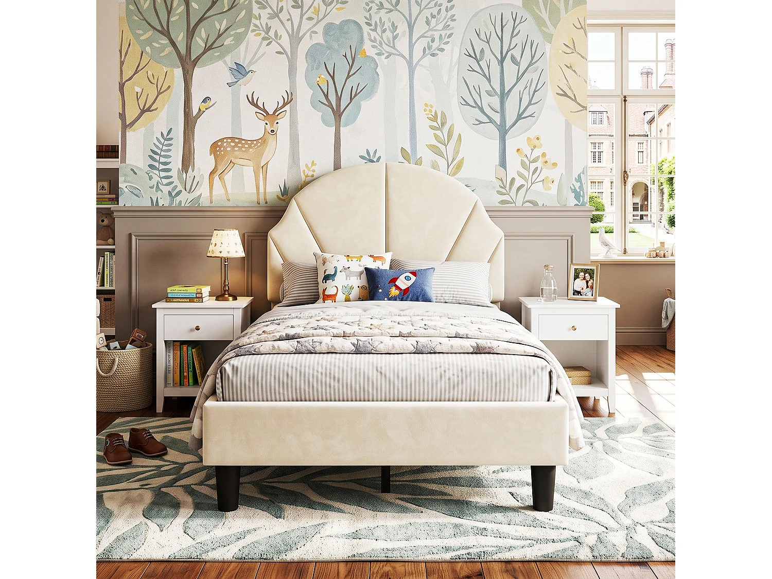 DreamMespace Lit Rembourré 90x190 cm - Lit Enfant Tête de Lit Réglable & Protection Douce, Velours Beige