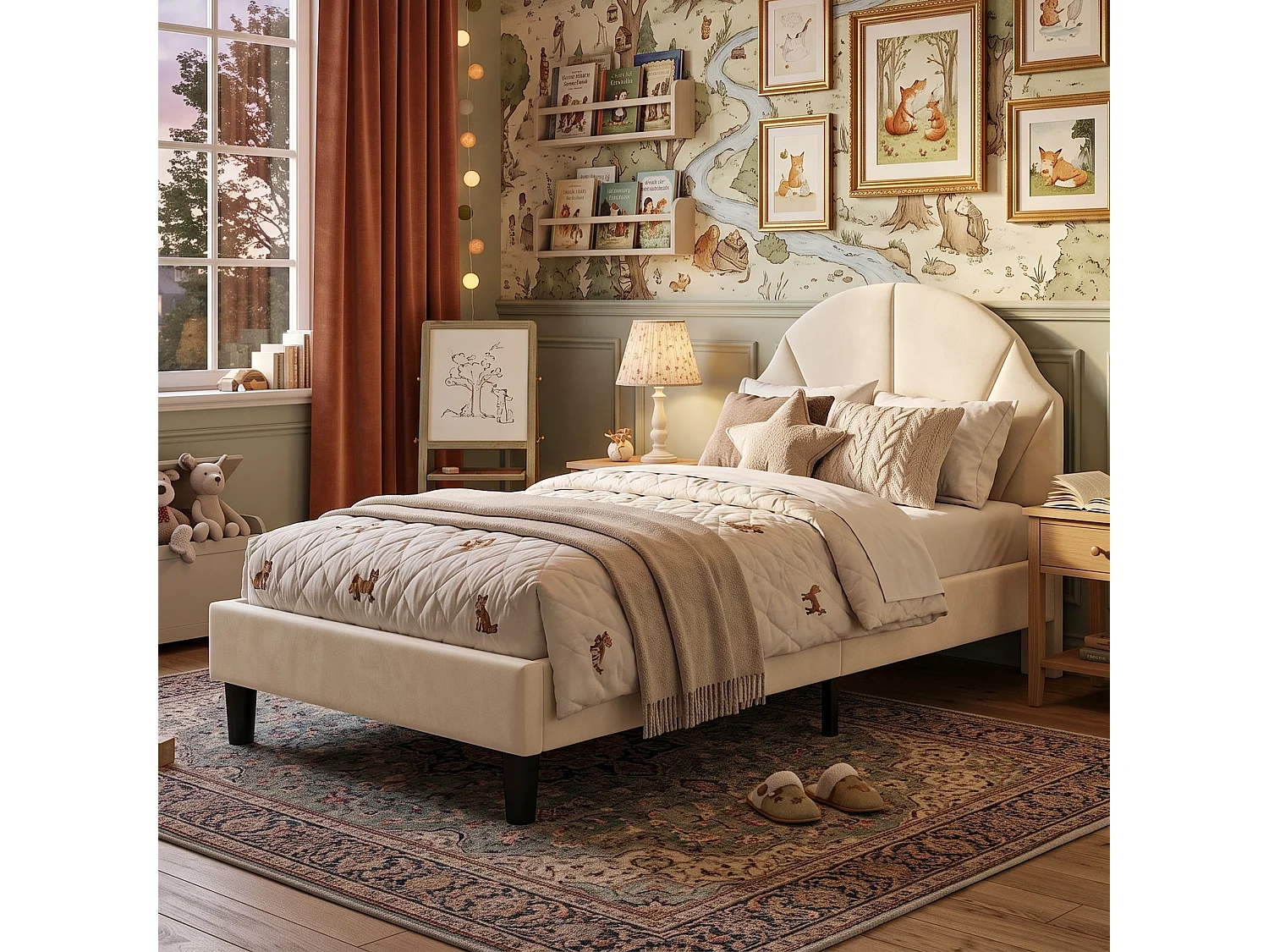 DreamMespace Lit Rembourré 90x190 cm - Lit Enfant Tête de Lit Réglable & Protection Douce, Velours Beige