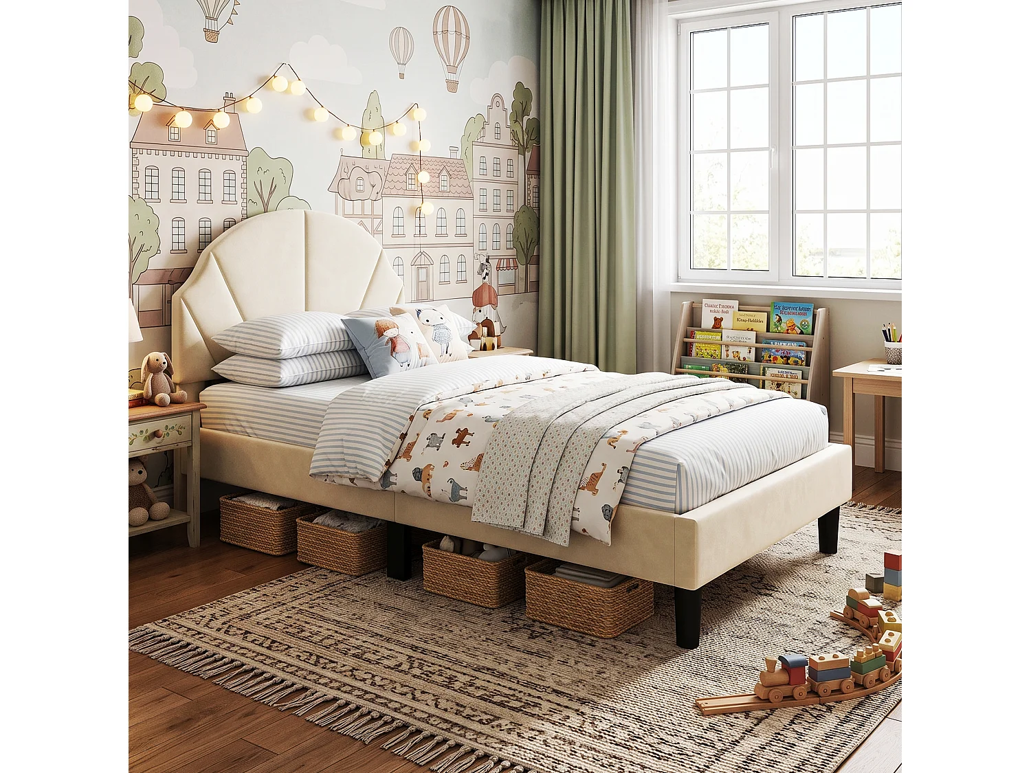 DreamMespace Lit Rembourré 90x190 cm - Lit Enfant Tête de Lit Réglable & Protection Douce, Velours Beige