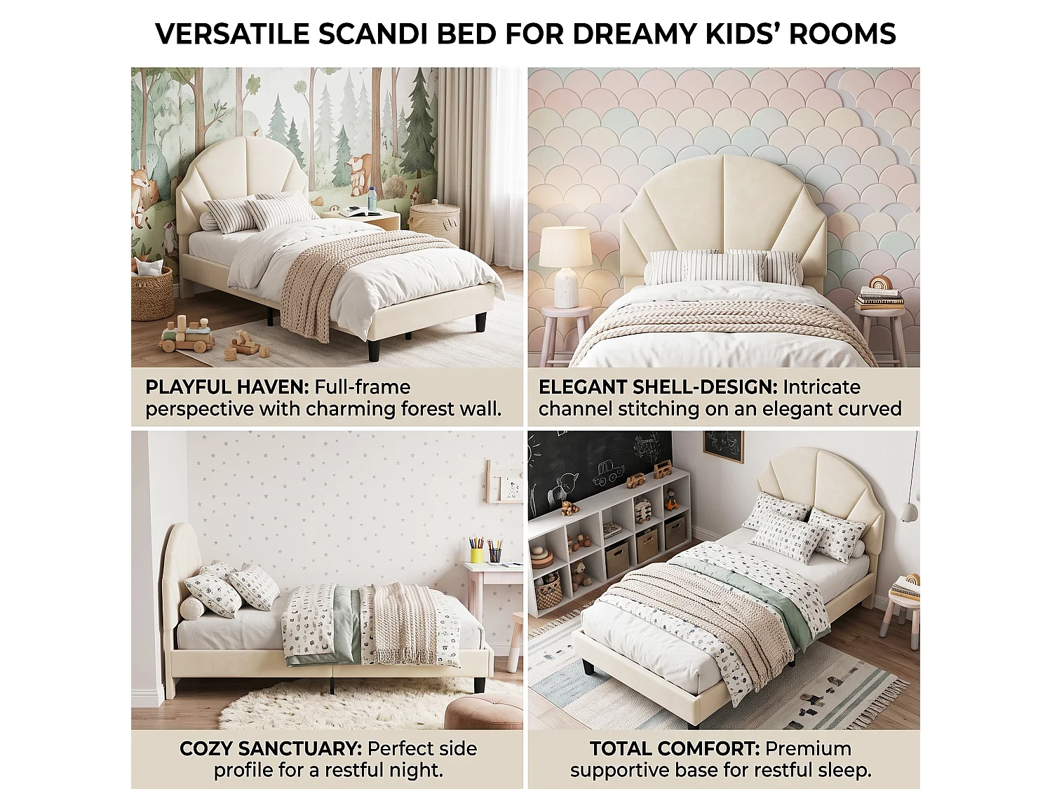 DreamMespace Lit Rembourré 90x190 cm - Lit Enfant Tête de Lit Réglable & Protection Douce, Velours Beige
