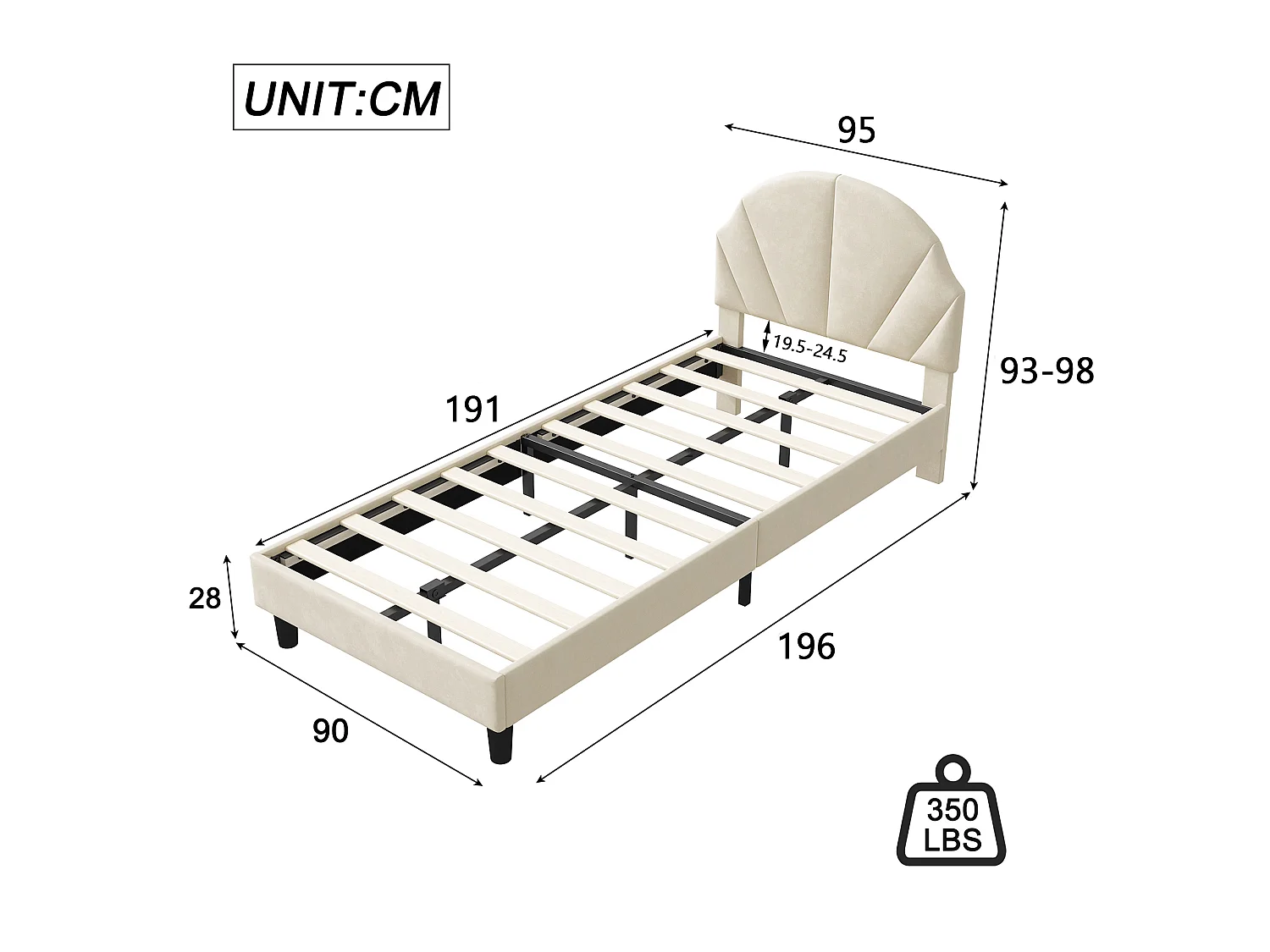 DreamMespace Lit Rembourré 90x190 cm - Lit Enfant Tête de Lit Réglable & Protection Douce, Velours Beige