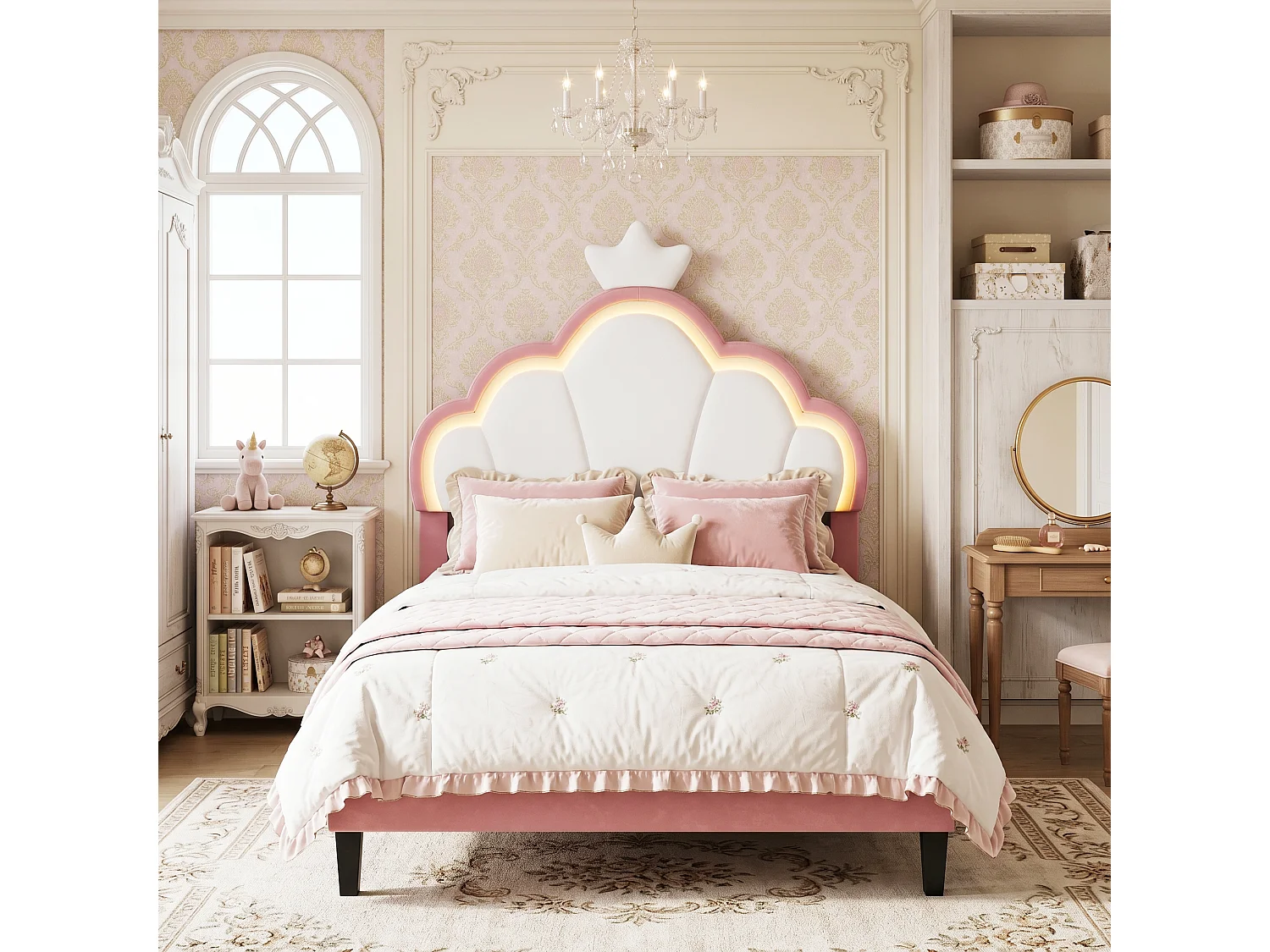 DreamMespace Lit Rembourré 90x200 cm - Lit Enfant Couronne avec Éclairage LED RGB et Sommier, Velours Rose