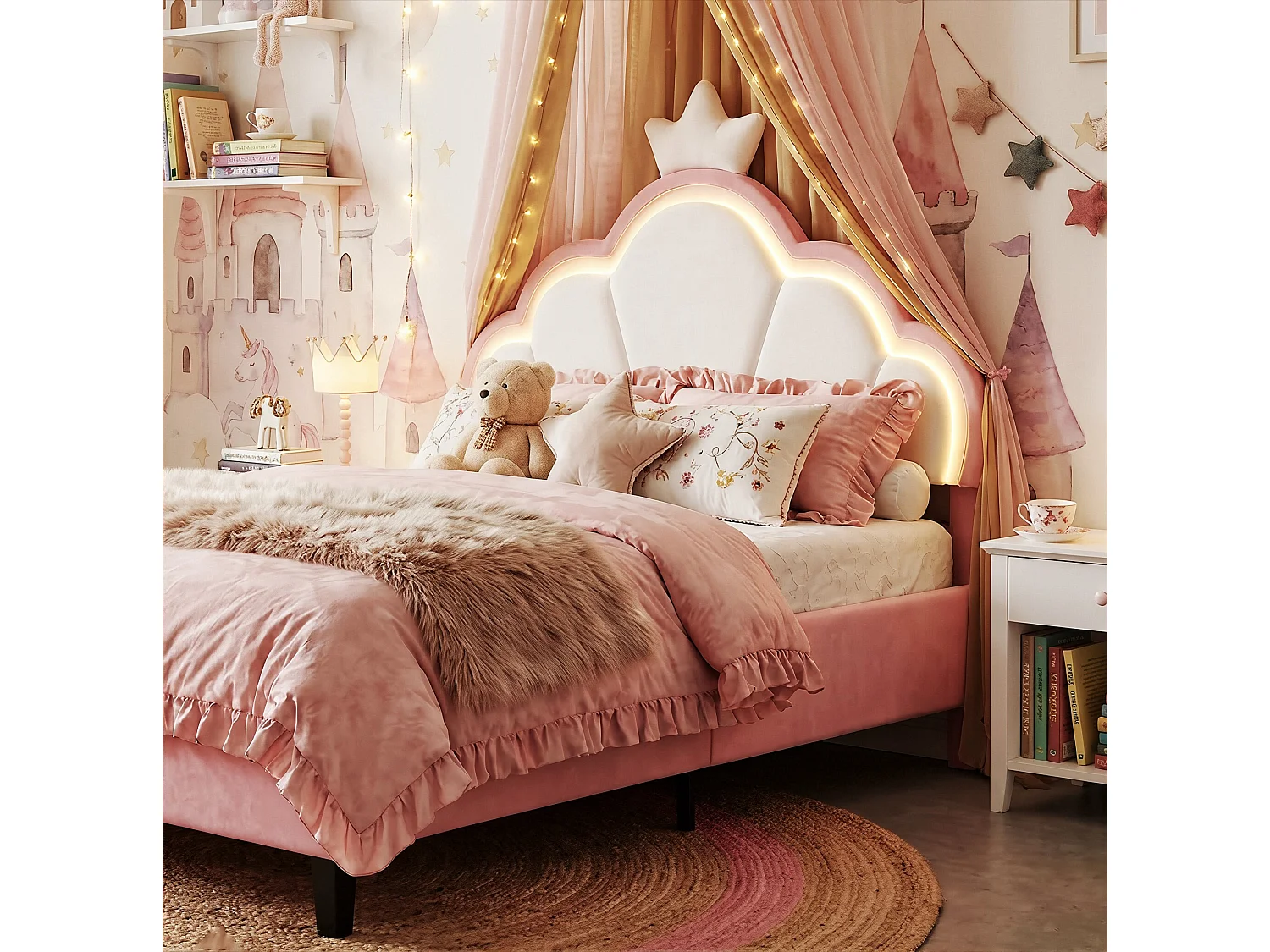 DreamMespace Lit Rembourré 90x200 cm - Lit Enfant Couronne avec Éclairage LED RGB et Sommier, Velours Rose